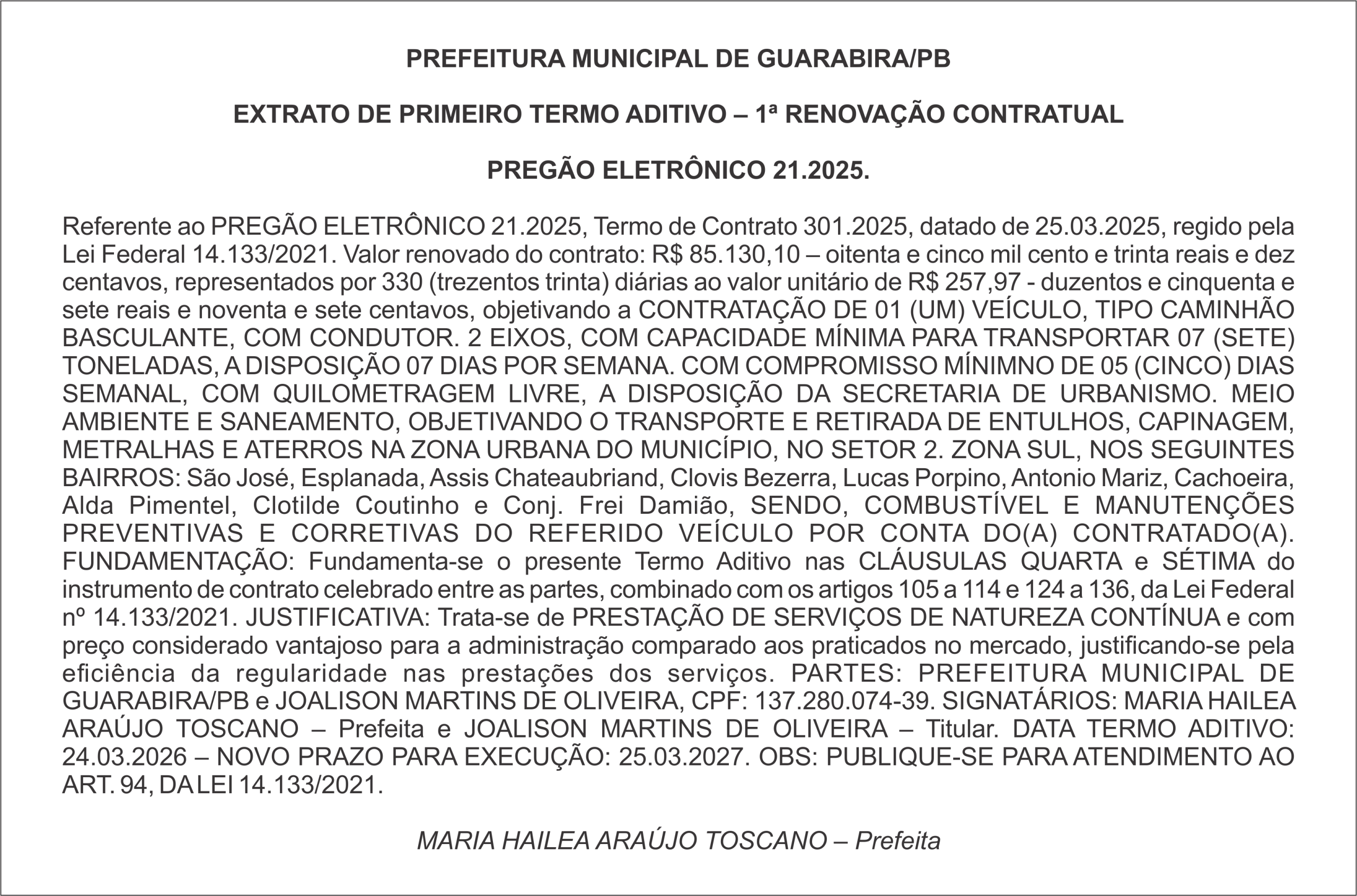 PREFEITURA MUNICIPAL DE GUARABIRA/PB  EXTRATO DE PRIMEIRO TERMO ADITIVO – 1ª RENOVAÇÃO CONTRATUAL  PREGÃO ELETRÔNICO 21.2025.