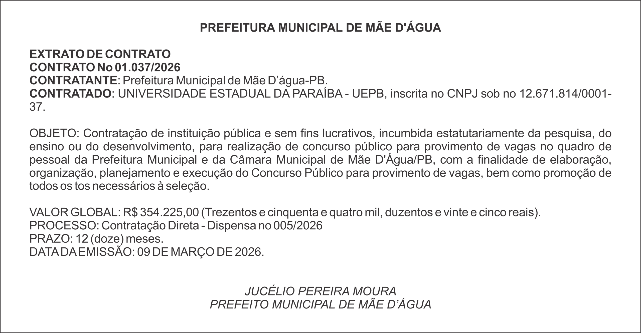 PREFEITURA DE MÃE D’ÁGUA – EXTRATO DE CONTRATO