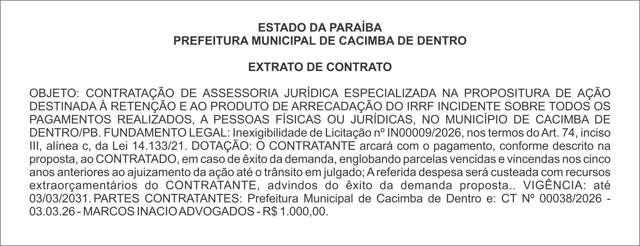 PREFEITURA MUNICIPAL DE CACIMBA DE DENTRO – EXTRATO DE CONTRATO