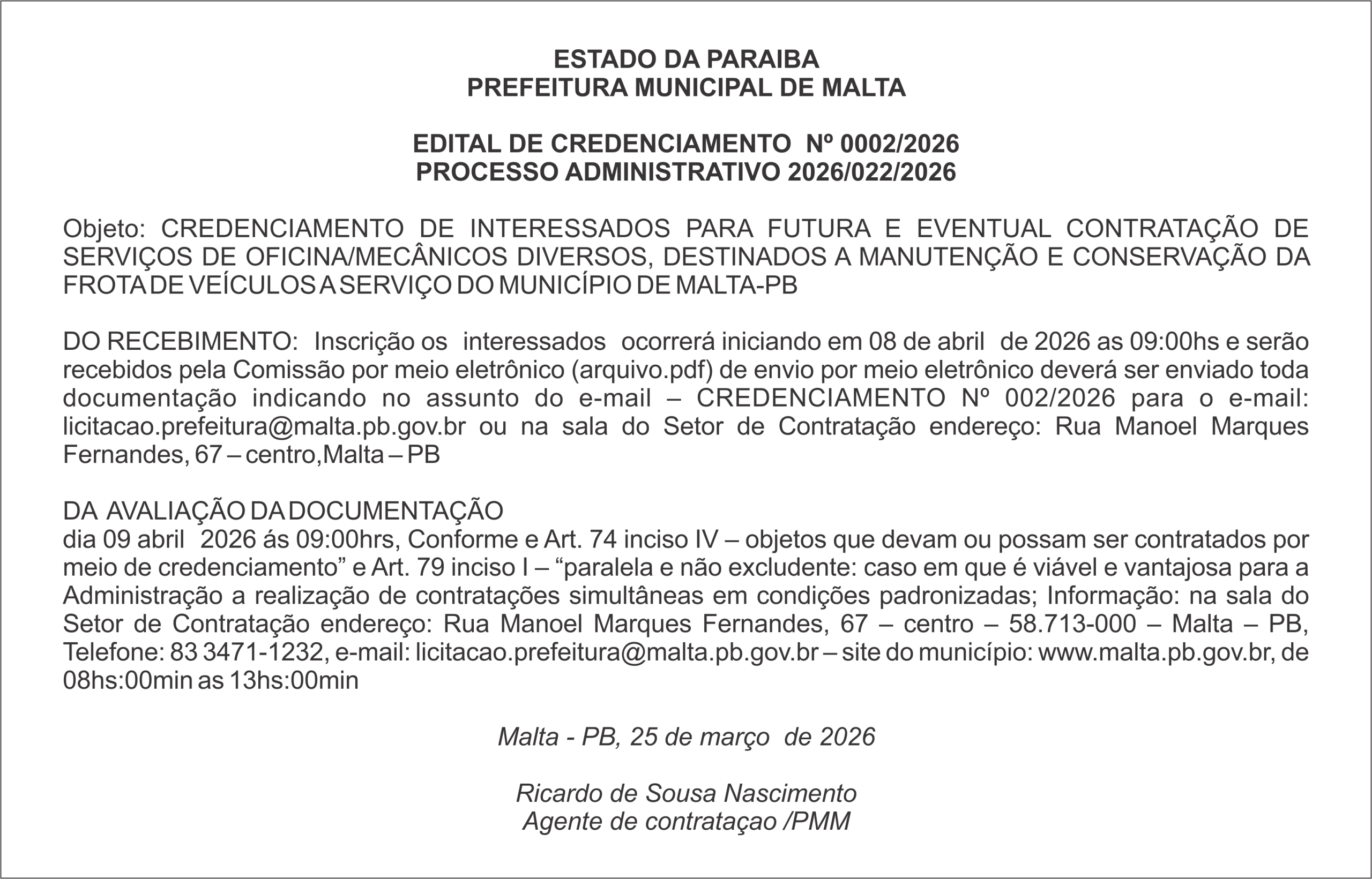 PREFEITURA MUNICIPAL DE MALTA – EDITAL DE CREDENCIAMENTO  Nº 0002/2026