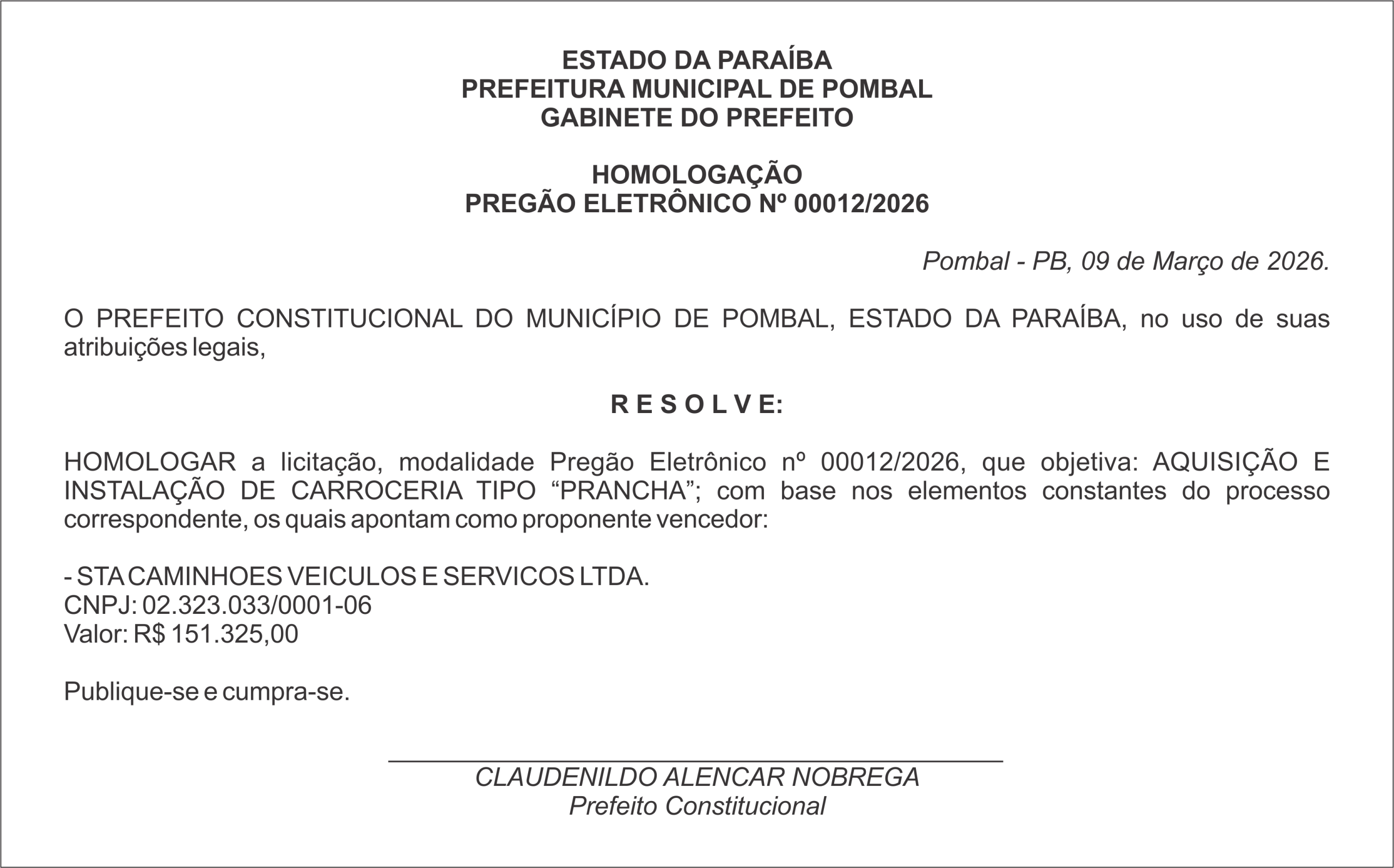 PREFEITURA MUNICIPAL DE POMBAL –  HOMOLOGAÇÃO – PREGÃO ELETRÔNICO Nº 00012/2026