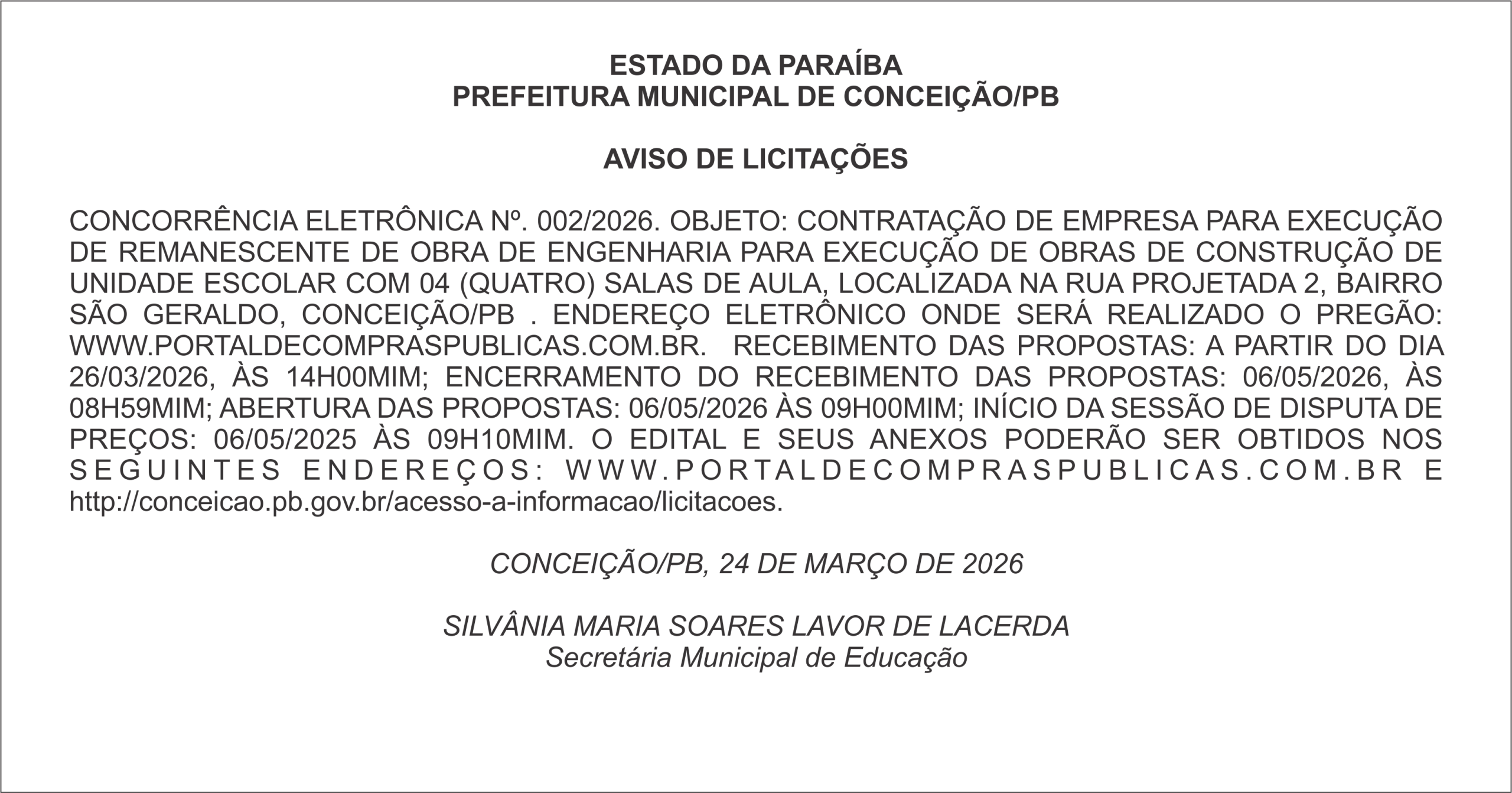 PREFEITURA MUNICIPAL DE CONCEIÇÃO/PB  – AVISO DE LICITAÇÕES – CONCORRÊNCIA ELETRÔNICA Nº. 002/2026