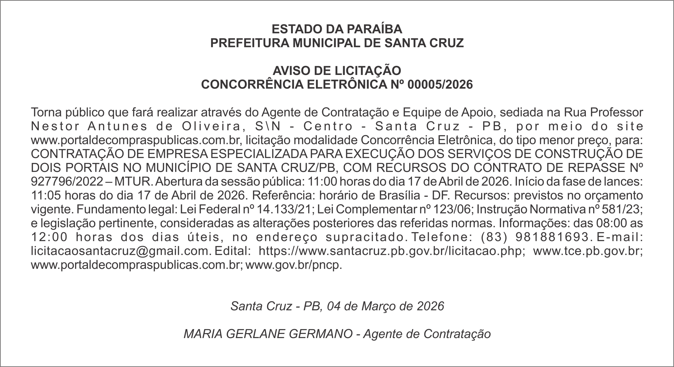 PREFEITURA MUNICIPAL DE SANTA CRUZ – AVISO DE LICITAÇÃO CONCORRÊNCIA ELETRÔNICA Nº 00005/2026