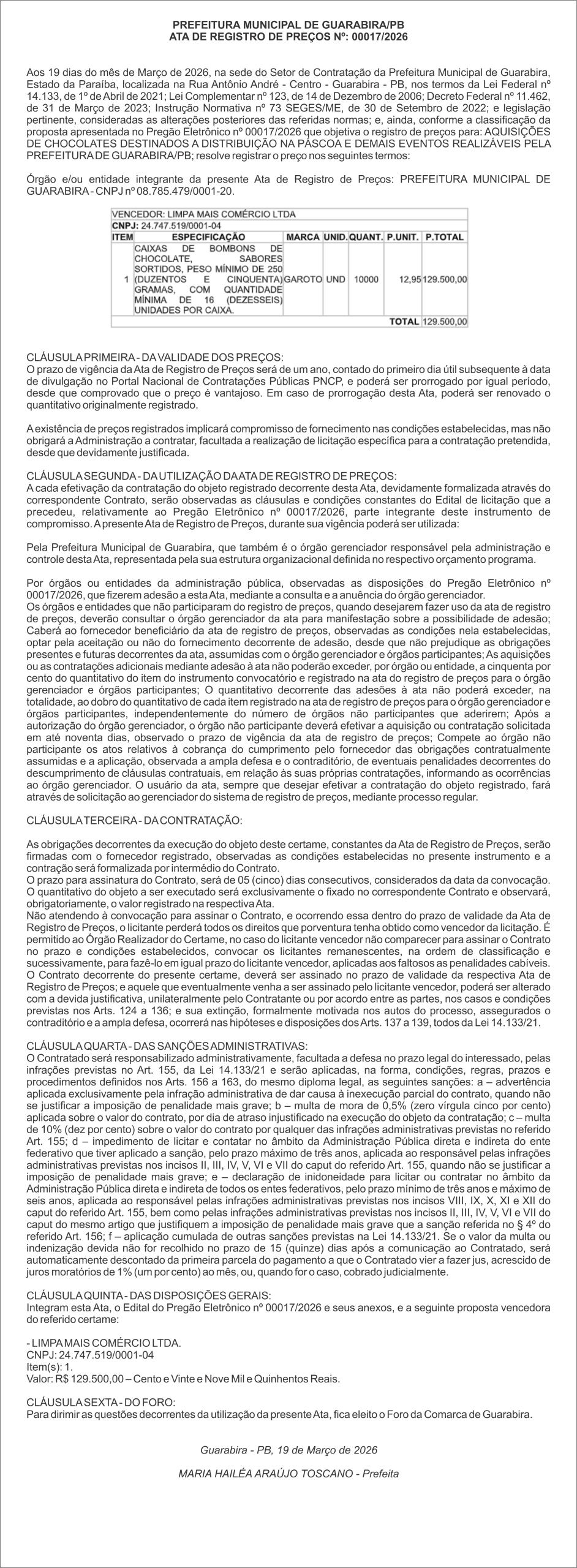 PREFEITURA MUNICIPAL DE GUARABIRA/PB – ATA DE REGISTRO DE PREÇOS Nº: 00017/2026