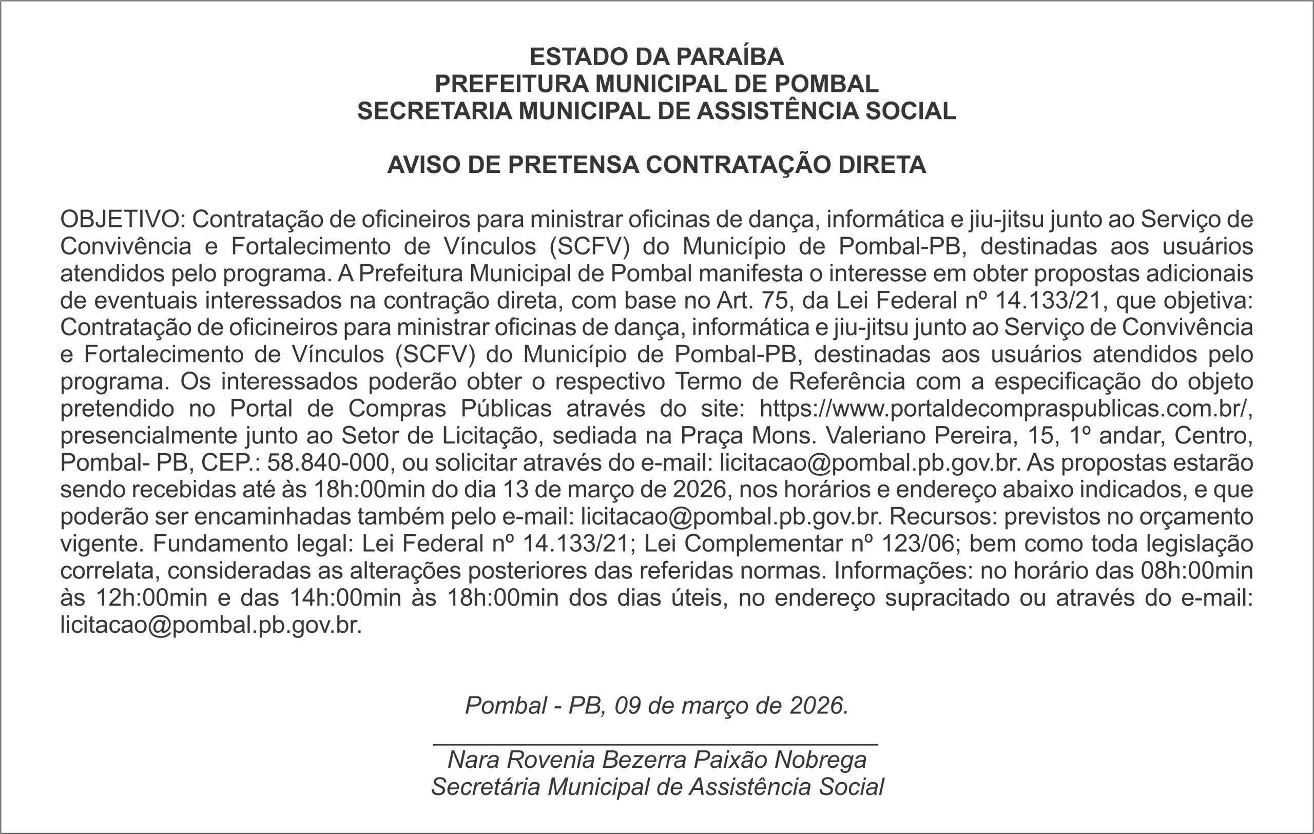 PREFEITURA MUNICIPAL DE POMBAL –  AVISO DE PRETENSA – CONTRATAÇÃO DIRETA