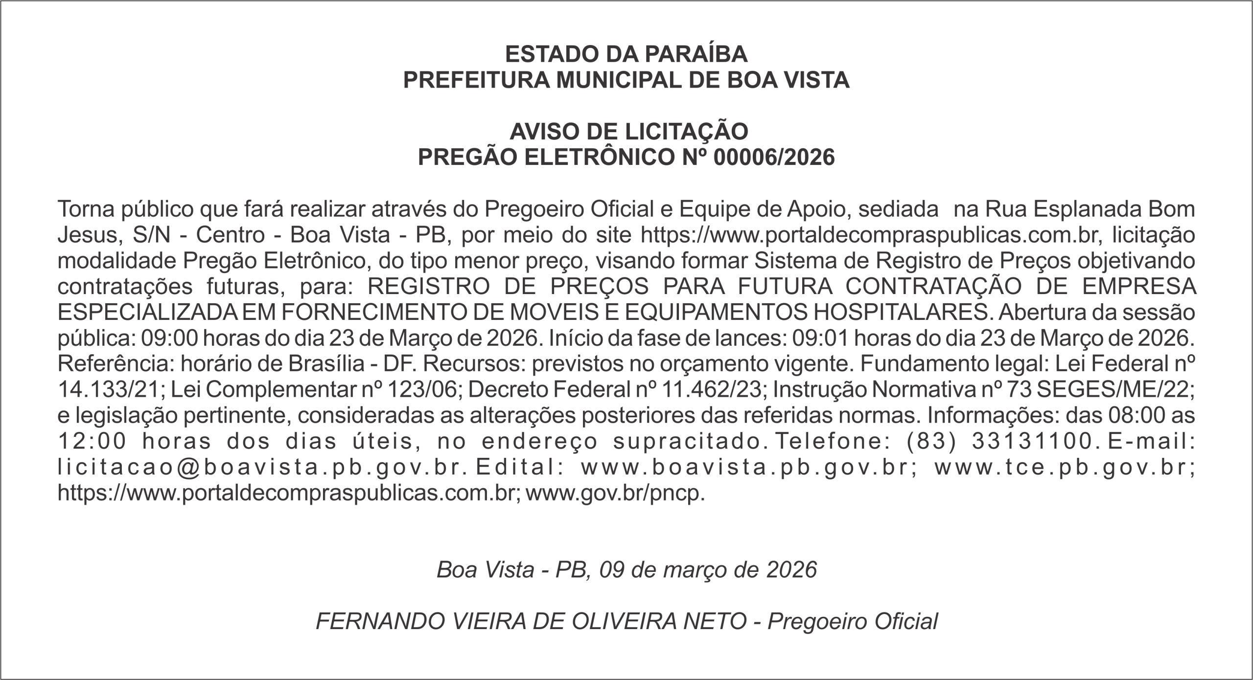 PREFEITURA MUNICIPAL DE BOA VISTA – AVISO DE LICITAÇÃO PREGÃO ELETRÔNICO Nº 00006/2026