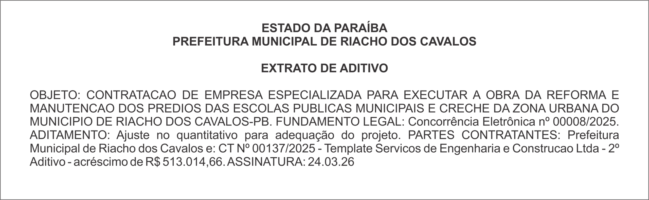 PREFEITURA MUNICIPAL DE RIACHO DOS CAVALOS – EXTRATO DE ADITIVO