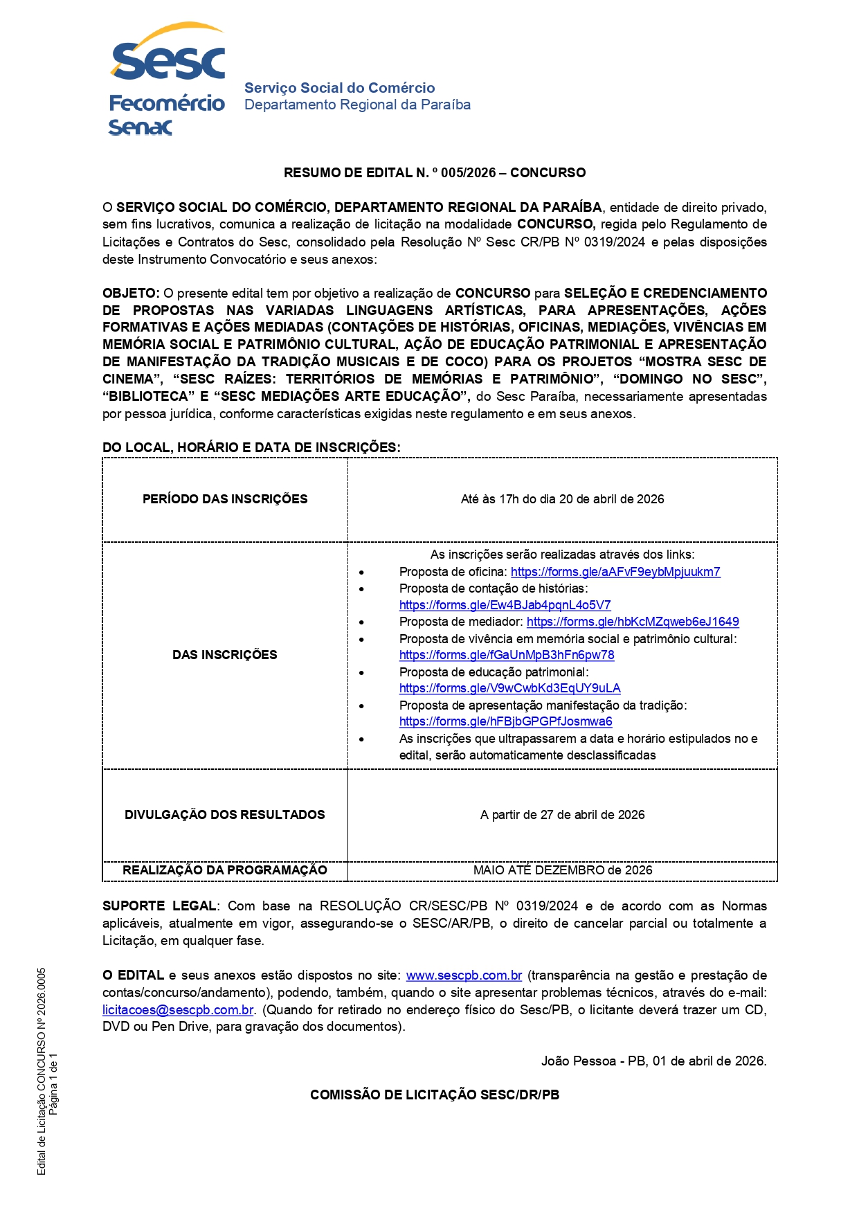SESC – RESUMO DE EDITAL N. o 005/2026 – CONCURSO