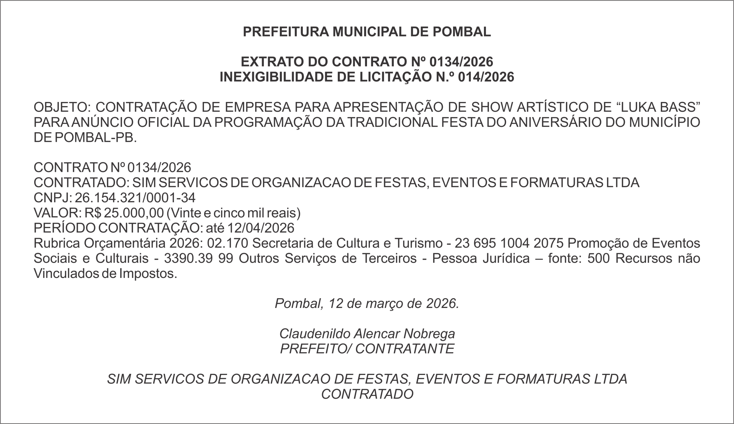 PREFEITURA DE POMBAL – EXTRATO DO CONTRATO Nº 0134/2026