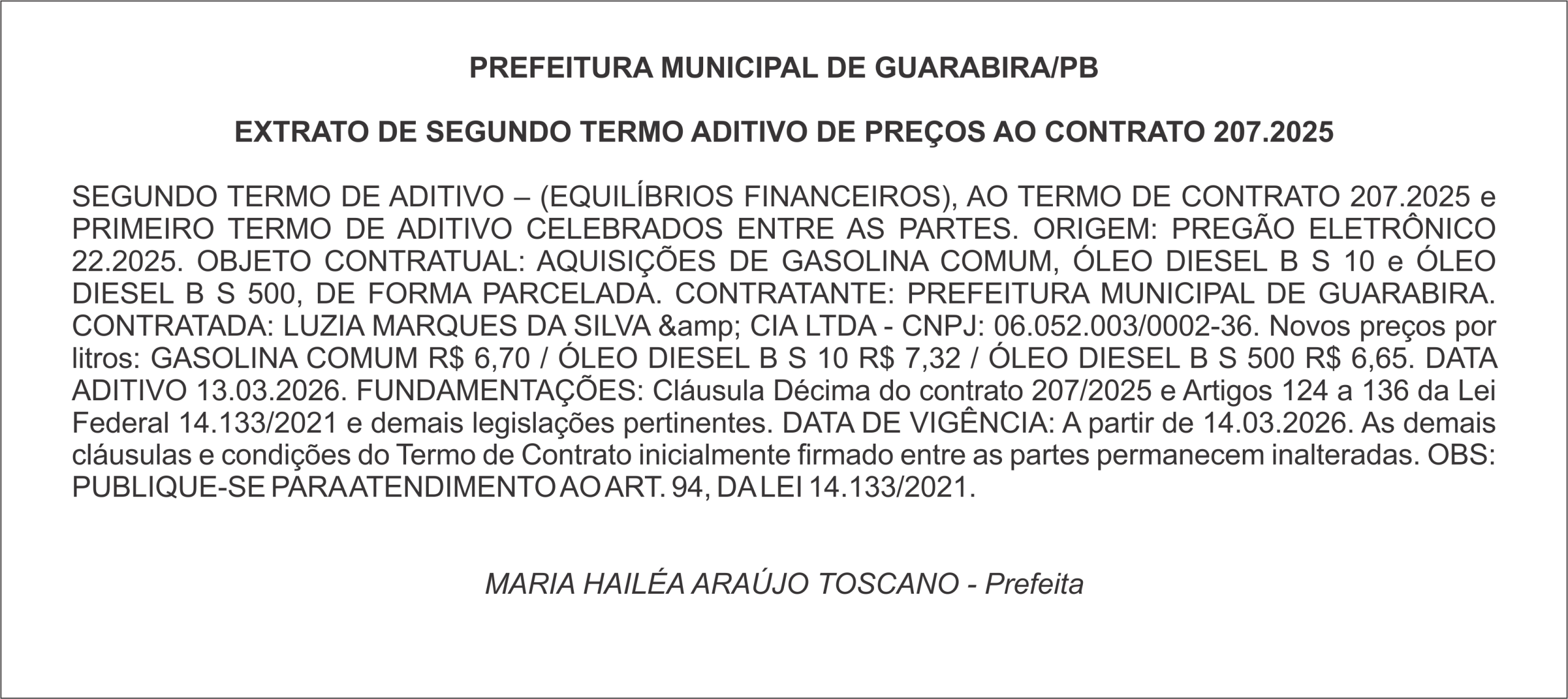 PREFEITURA MUNICIPAL DE GUARABIRA/PB  EXTRATO DE SEGUNDO TERMO ADITIVO DE PREÇOS AO CONTRATO 207.2025