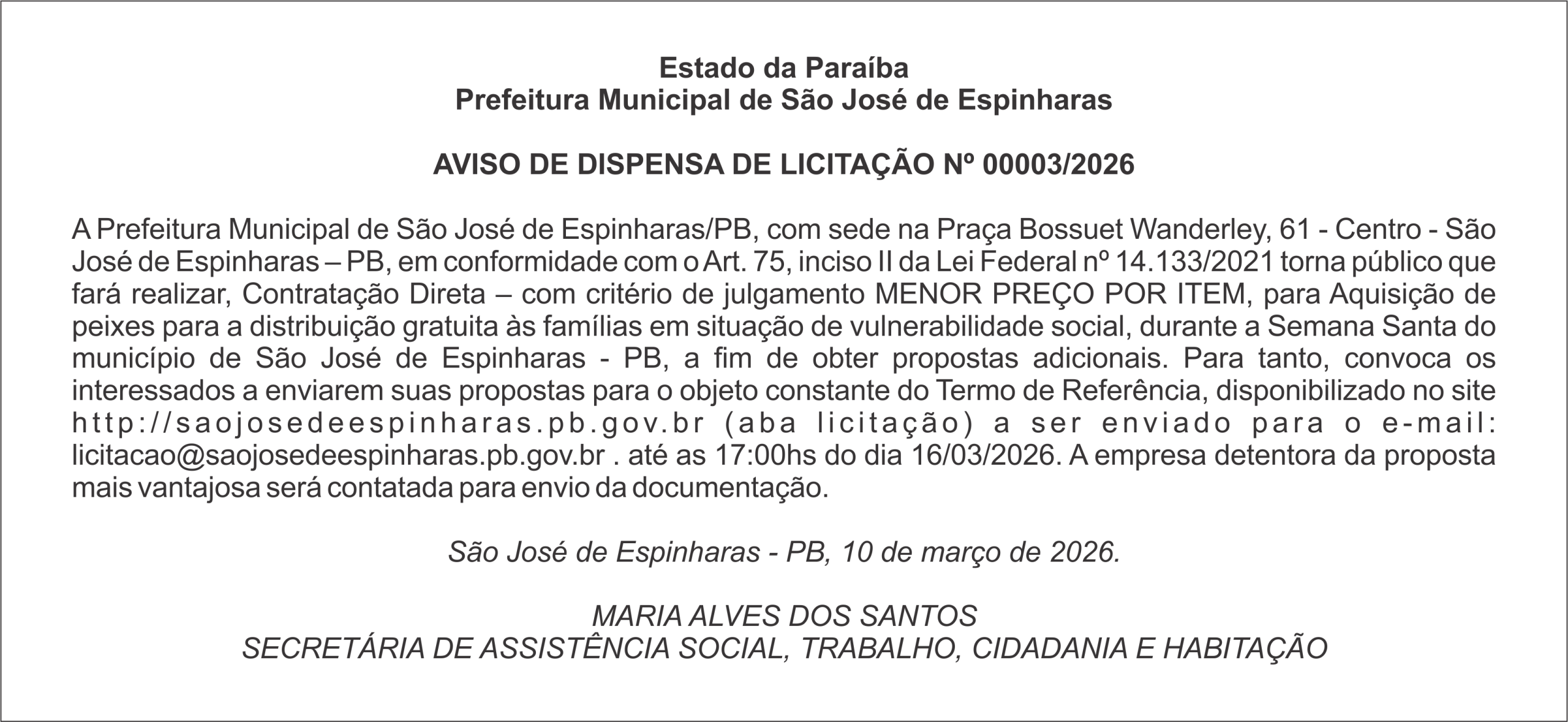 PREFEITURA DE SÃO JOSÉ  DE ESPINHARAS – AVISO DE DISPENSA DE LICITAÇÃO Nº 00003/2026