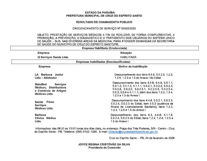 PREFEITURA MUNICIPAL DE CRUZ DO ESPÍRITO SANTO – RESULTADO DE CHAMAMENTO PÚBLICO – CREDENCIAMENTO DE SERVIÇO Nº 00002/2025