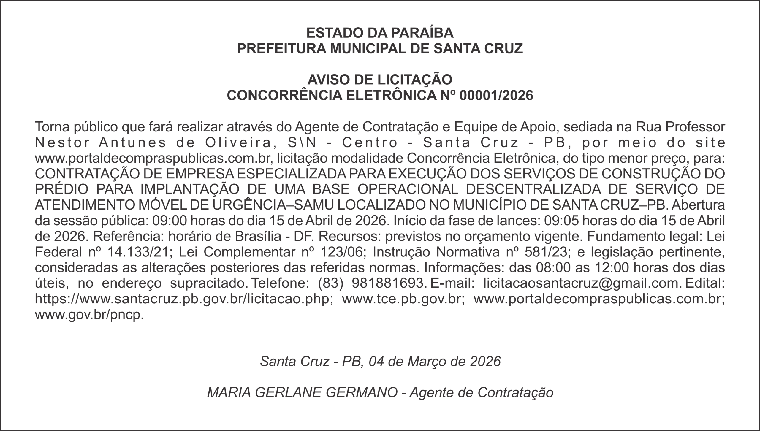 PREFEITURA MUNICIPAL DE SANTA CRUZ – AVISO DE LICITAÇÃO CONCORRÊNCIA ELETRÔNICA Nº 00001/2026