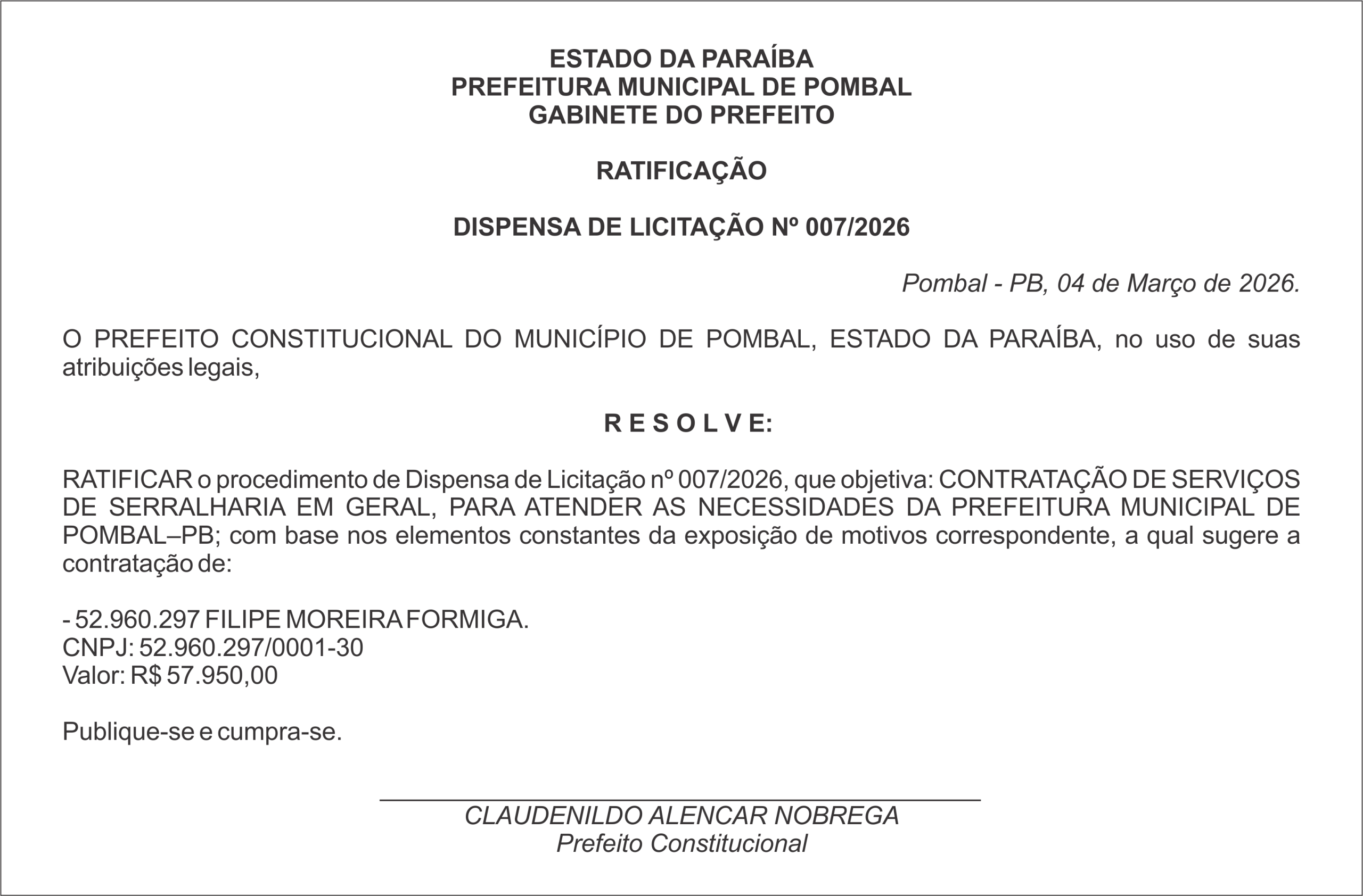 PREFEITURA MUNICIPAL DE POMBAL – RATIFICAÇÃO – DISPENSA DE LICITAÇÃO Nº 007/2026