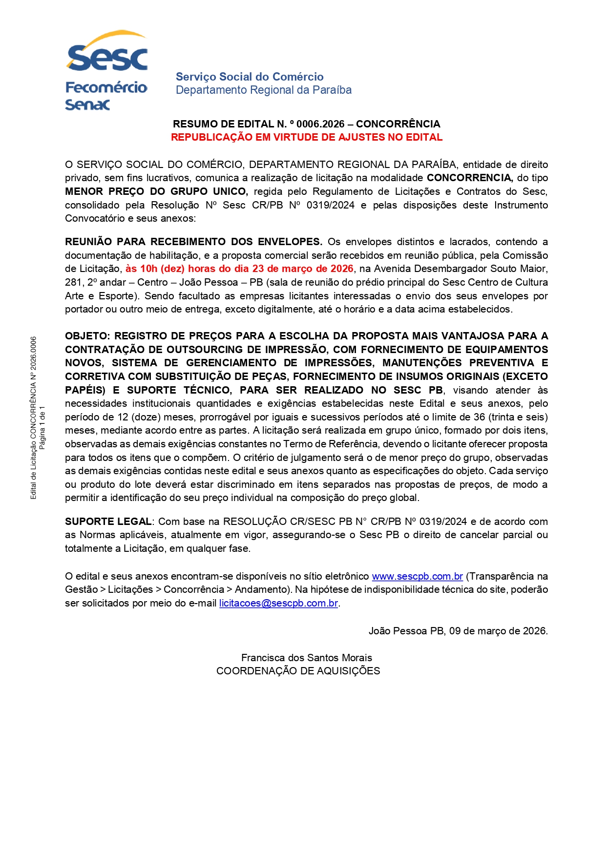 SESC – RESUMO DE EDITAL N. º 0006.2026 – CONCORRÊNCIA REPUBLICAÇÃO EM VIRTUDE DE AJUSTES NO EDITAL