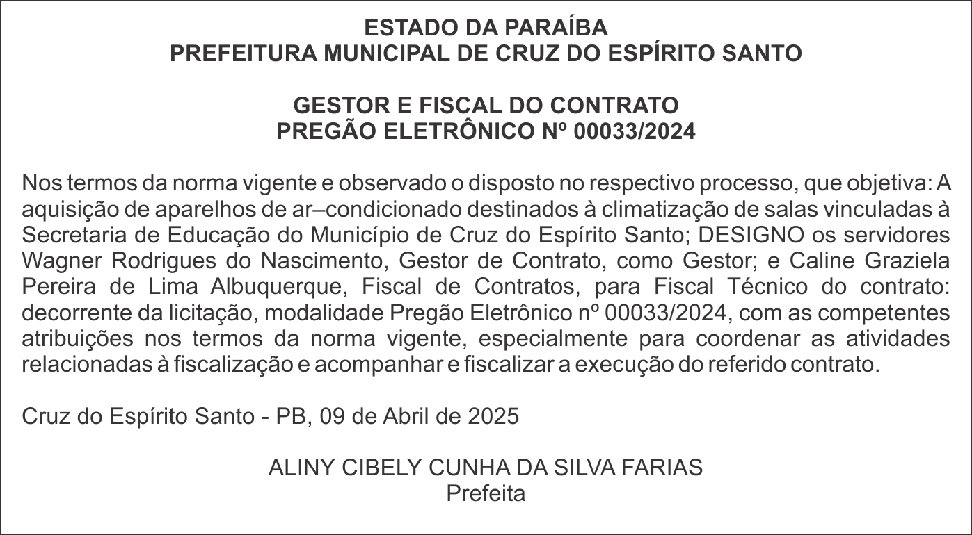 PREFEITURA MUNICIPAL DE CRUZ DO ESPÍRITO SANTO – PREGÃO ELETRÔNICO Nº 00033/2024