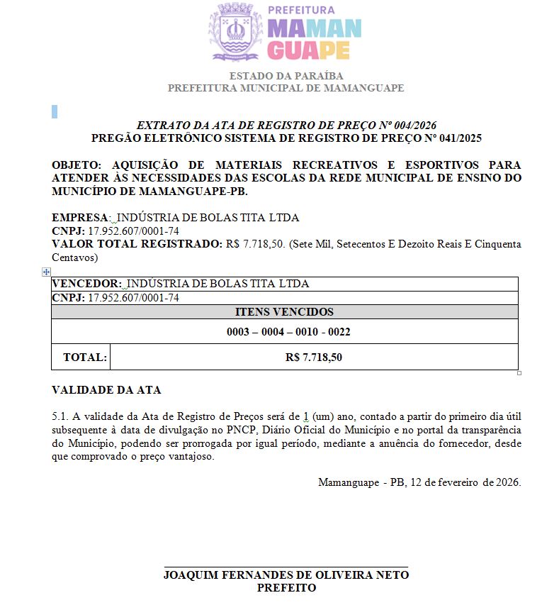PREFEITURA MUNICIPAL DE MAMANGUAPE – EXTRATO DA ATA DE REGISTRO DE PREÇO Nº 004/2026