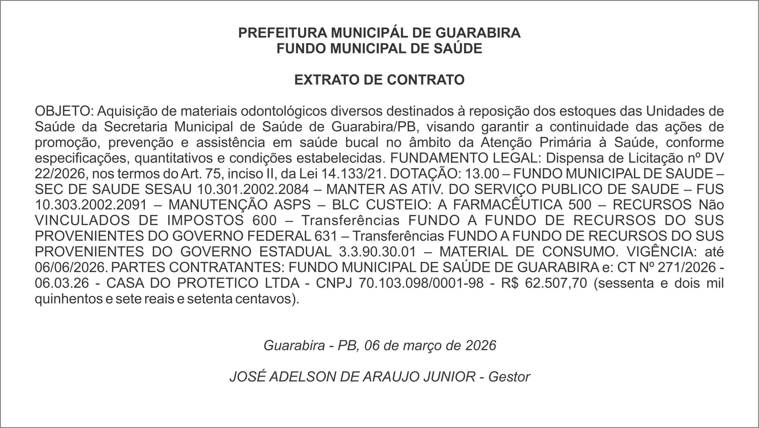 PREFEITURA MUNICIPAL DE GUARABIRA FUNDO MUNICIPAL DE SAÚDE  EXTRATO DE CONTRATO
