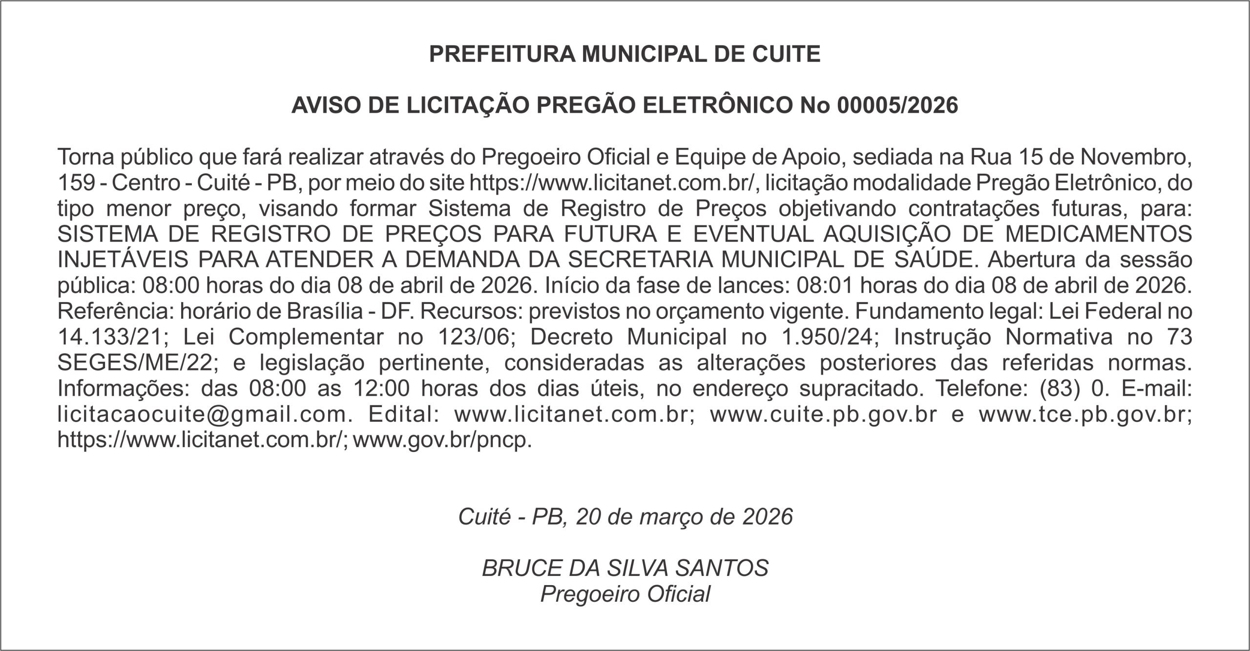 PREFEITURA MUNICIPAL DE CUITE – AVISO DE LICITAÇÃO – PREGÃO ELETRÔNICO No 00005/2026