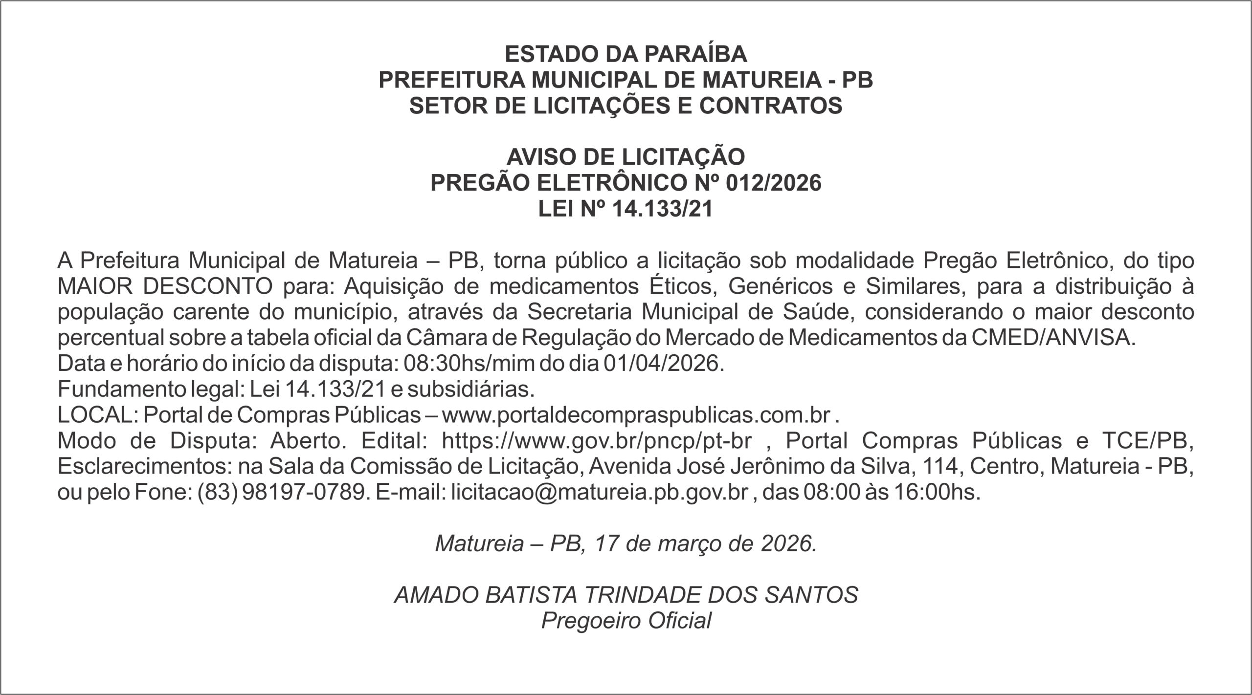 PREFEITURA MUNICIPAL DE MATUREIA – PB – AVISO DE LICITAÇÃO –  PREGÃO ELETRÔNICO Nº 012/2026