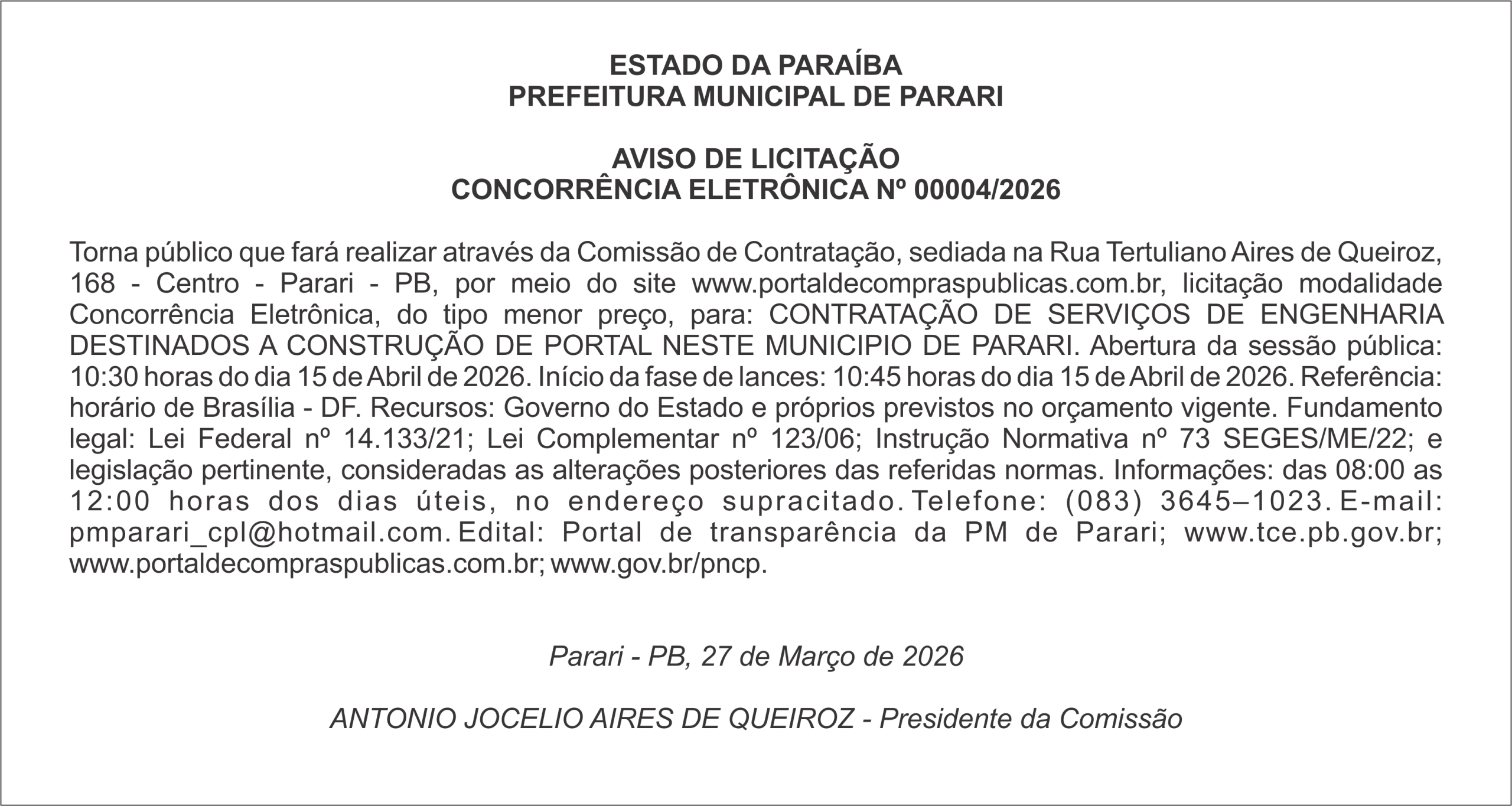PREFEITURA MUNICIPAL DE PARARI – AVISO DE LICITAÇÃO CONCORRÊNCIA ELETRÔNICA Nº 00004/2026