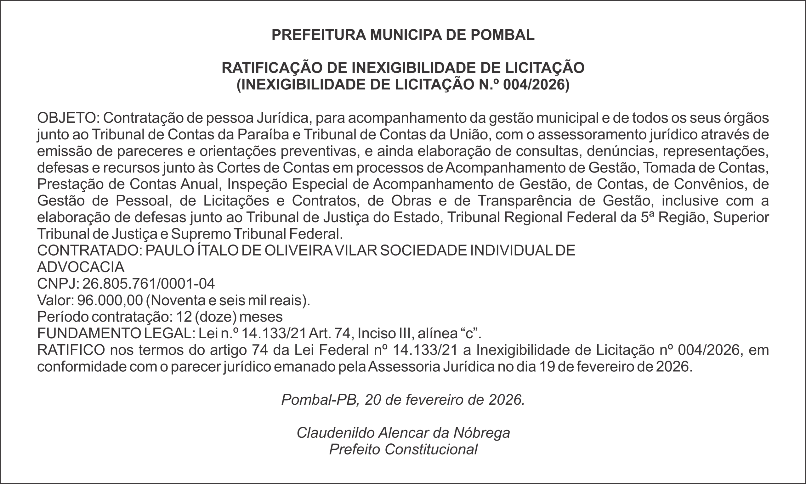 PREFEITURA DE POMBAL- RATIFICAÇÃO DE INEXIGIBILIDADE DE LICITAÇÃO (INEXIGIBILIDADE DE LICITAÇÃO N.º 004/2026)