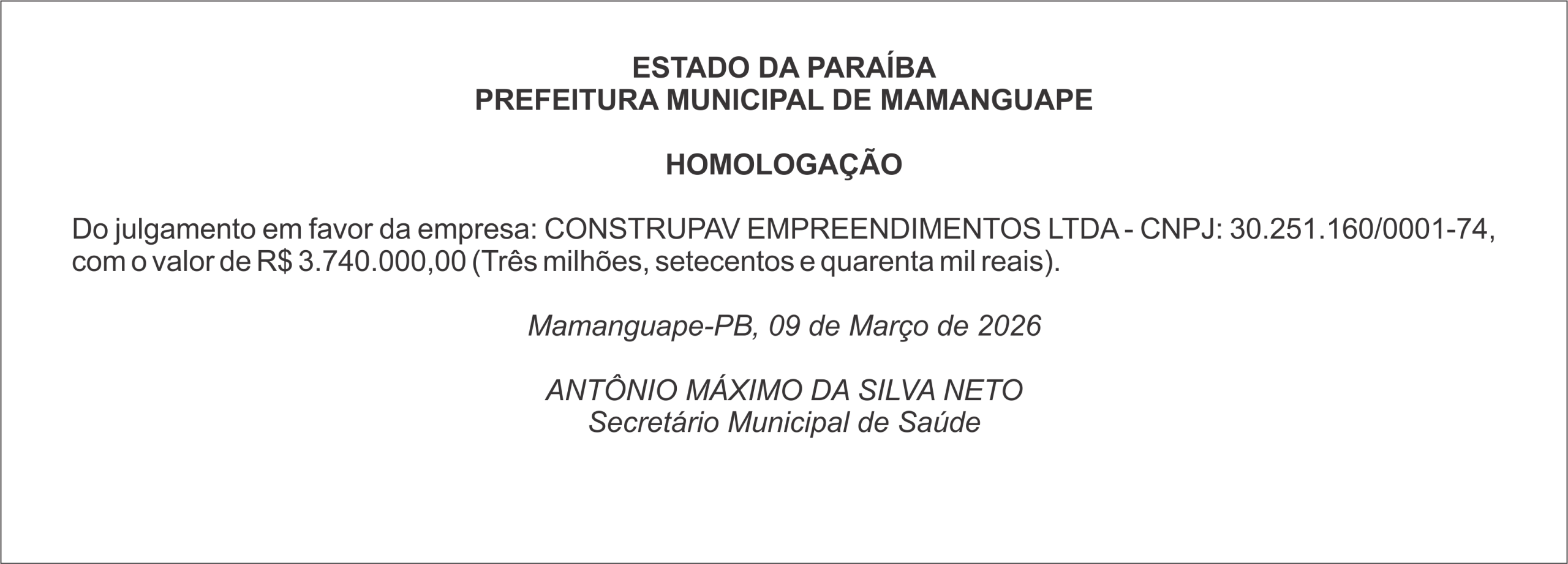 PREFEITURA MUNICIPAL DE MAMANGUAPE – HOMOLOGAÇÃO
