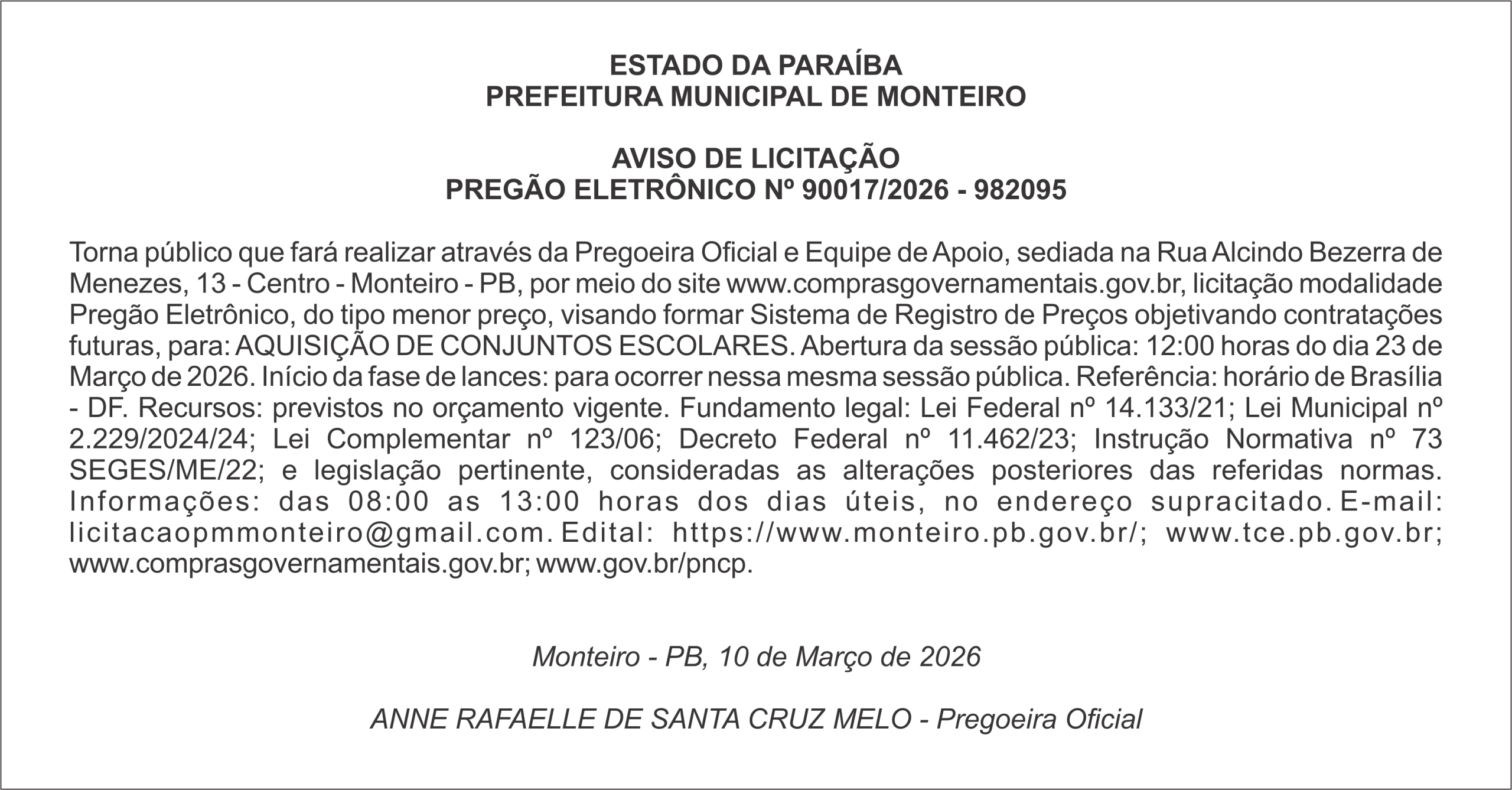 PREFEITURA MUNICIPAL DE MONTEIRO     AVISO DE LICITAÇÃO PREGÃO ELETRÔNICO Nº 90017/2026 – 982095