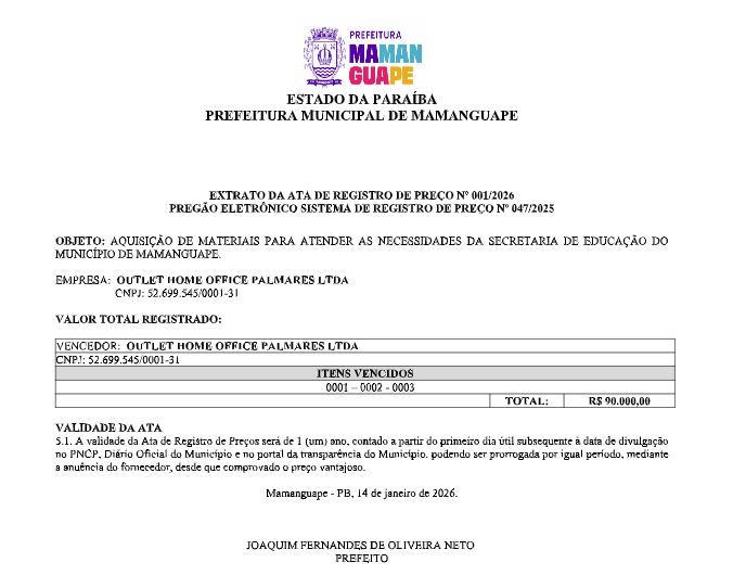 PREFEITURA MUNICIPAL DE MAMANGUAPE – EXTRATO DA ATA DE REGISTRO DE PREÇO Nº 001/2026