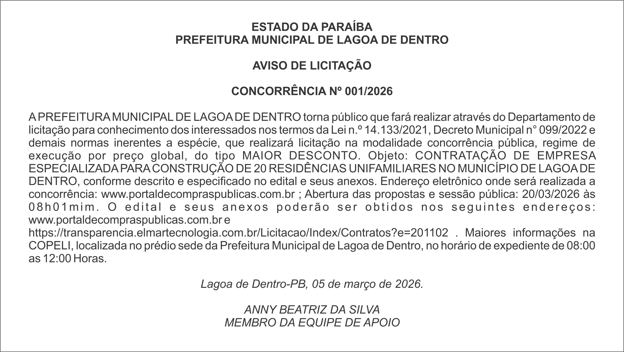 PREFEITURA MUNICIPAL DE LAGOA DE DENTRO – AVISO DE LICITAÇÃO  CONCORRÊNCIA Nº 001/2026