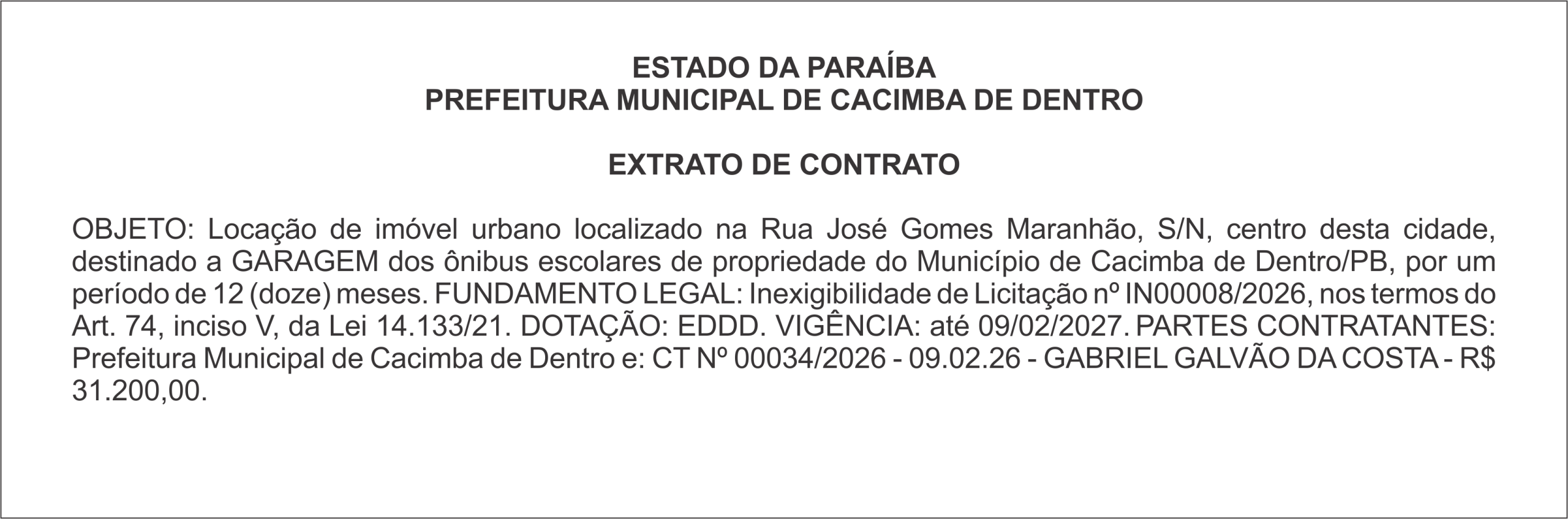 PREFEITURA MUNICIPAL DE CACIMBA DE DENTRO – EXTRATO DE CONTRATO