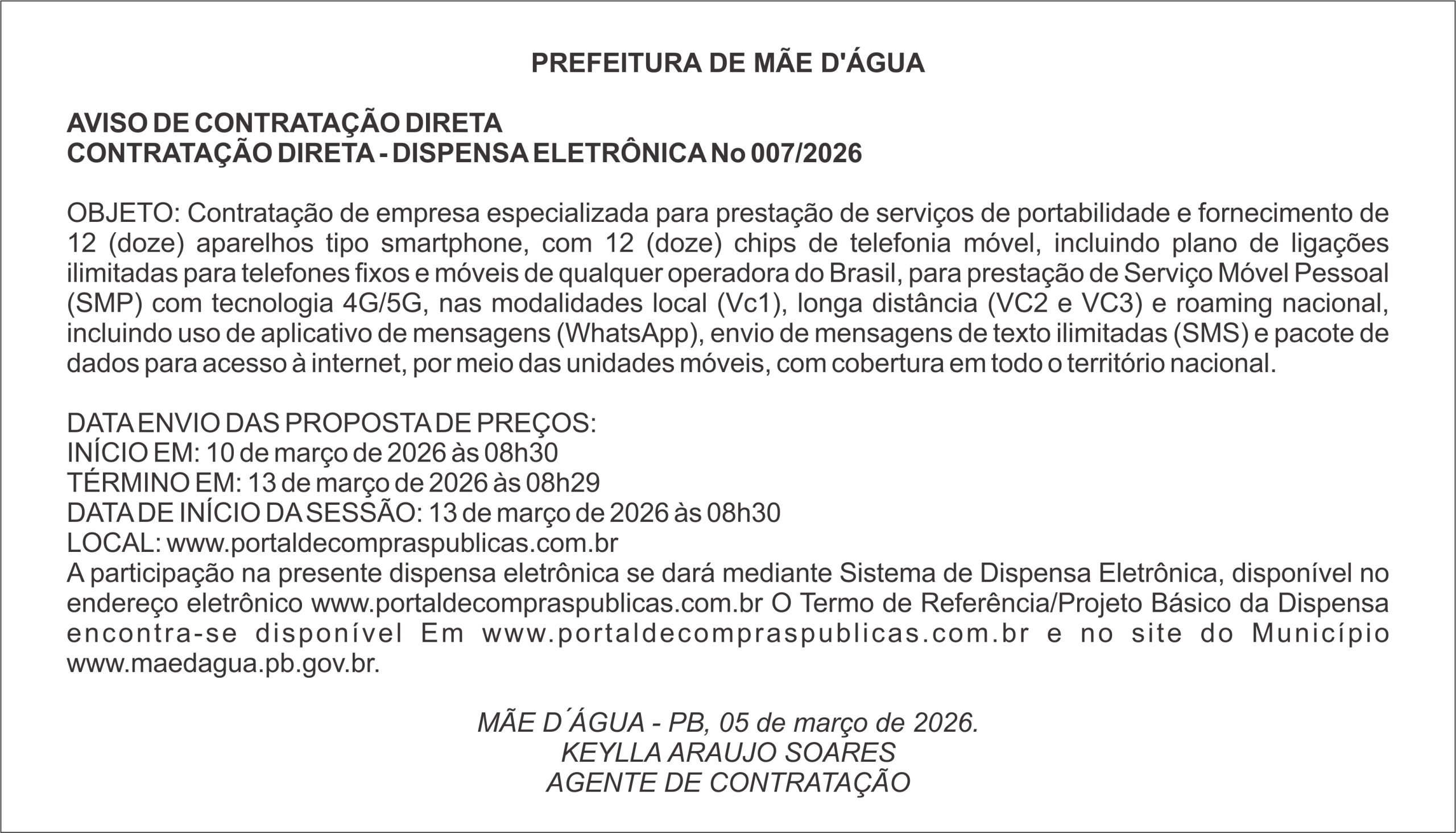 PREFEITURA DE MÃE D’ÁGUA – AVISO DE CONTRATAÇÃO DIRETA