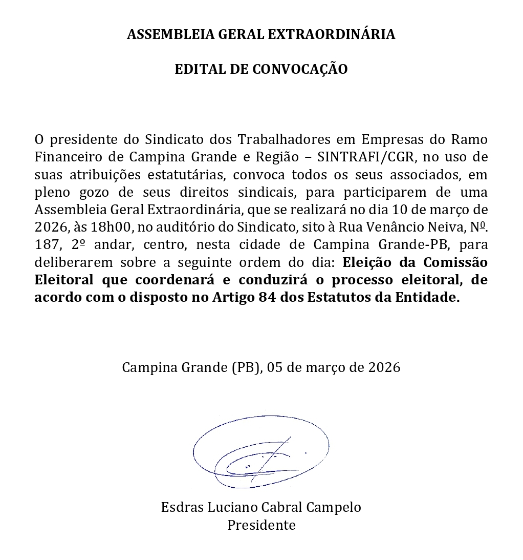 SINTRAFI/CGR – ASSEMBLEIA GERAL EXTRAORDINÁRIA – EDITAL DE CONVOCAÇÃO
