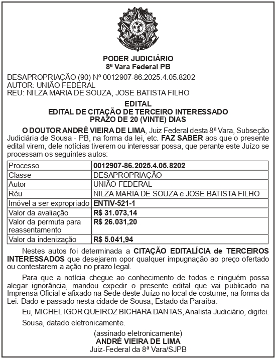 SECRETARIA NACIONAL DE SEGURANÇA HIDRICA – SNSH – MDR – DF – BRASÍLIA – Edital de Citação de Terceiro Interessado – ENTIV-521-1 (NILZA MARIA DE SOUZA BATISTA)