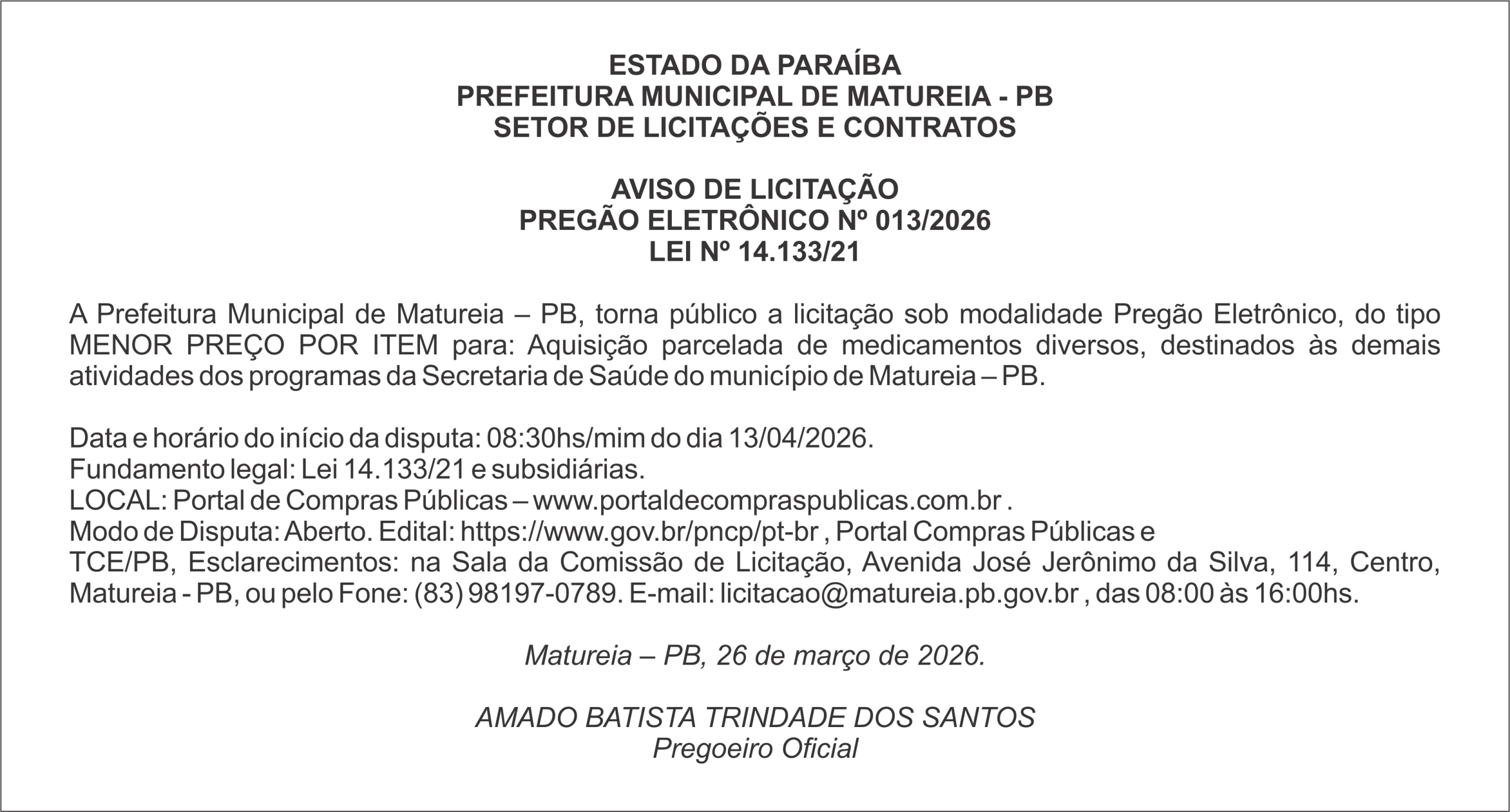 PREFEITURA MUNICIPAL DE MATUREIA – AVISO DE LICITAÇÃO – PREGÃO ELETRÔNICO Nº 013/2026