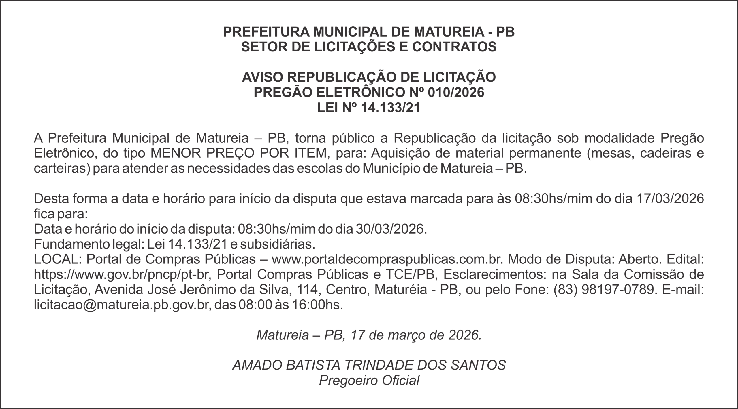 PREFEITURA MUNICIPAL DE MATUREIA – PB – AVISO REPUBLICAÇÃO DE LICITAÇÃO – PREGÃO ELETRÔNICO Nº 010/2026