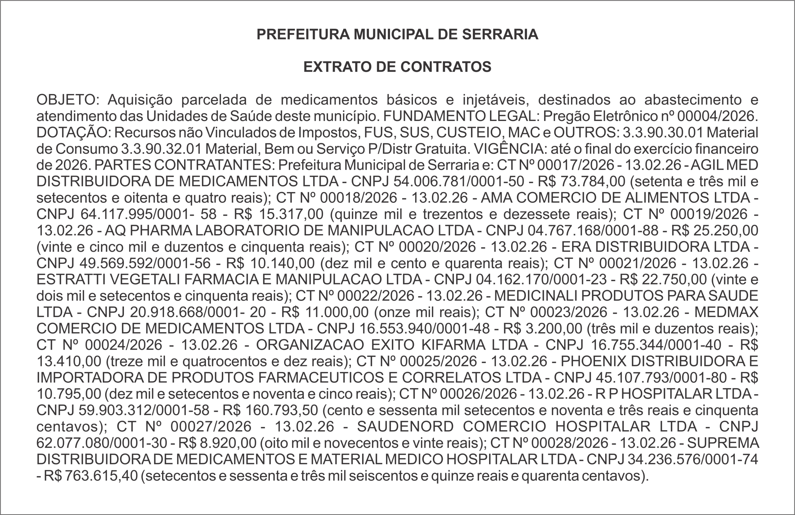 PREFEITURA MUNICIPAL DE SERRARIA EXTRATO DE CONTRATOS