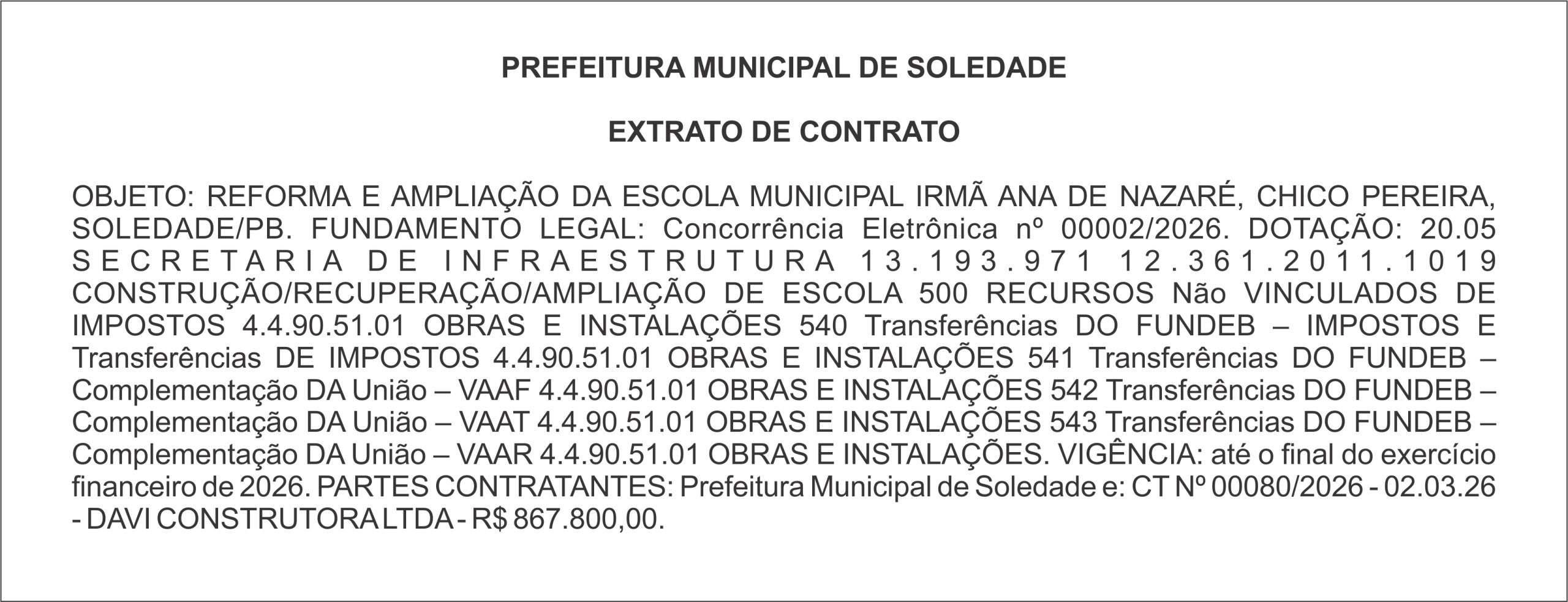 PREFEITURA MUNICIPAL DE SOLEDADE – EXTRATO DE CONTRATO