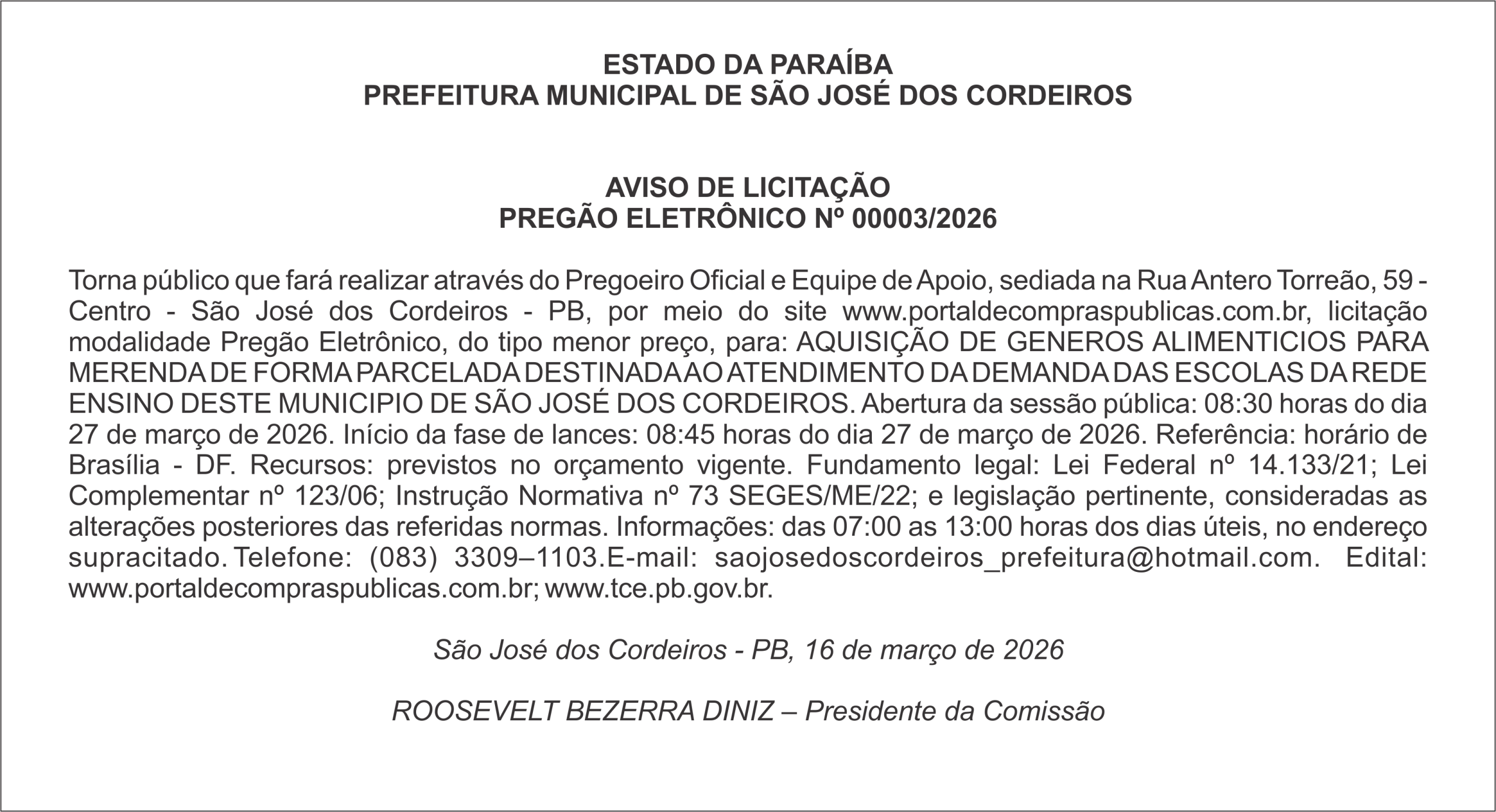 PREFEITURA MUNICIPAL DE SÃO JOSÉ DOS CORDEIROS – AVISO DE LICITAÇÃO PREGÃO ELETRÔNICO Nº 00003/2026
