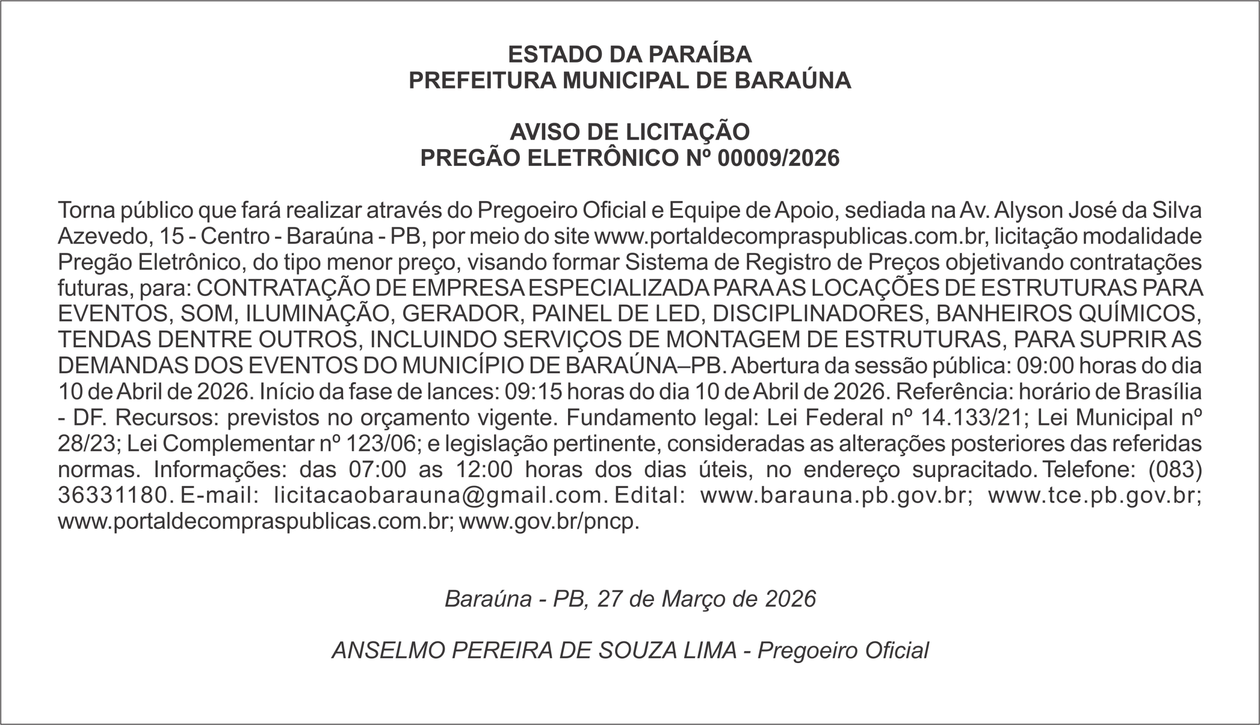 PREFEITURA MUNICIPAL DE BARAÚNA – AVISO DE LICITAÇÃO – PREGÃO ELETRÔNICO Nº 00009/2026