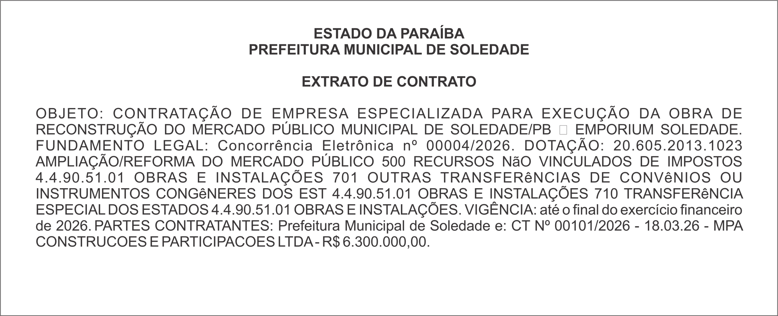 PREFEITURA MUNICIPAL DE SOLEDADE – EXTRATO DE CONTRATO