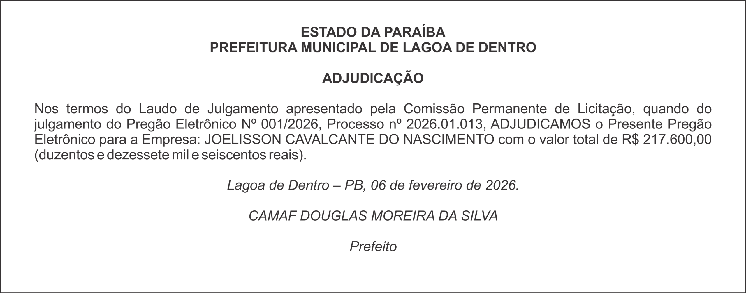 PREFEITURA MUNICIPAL DE LAGOA DE DENTRO – ADJUDICAÇÃO