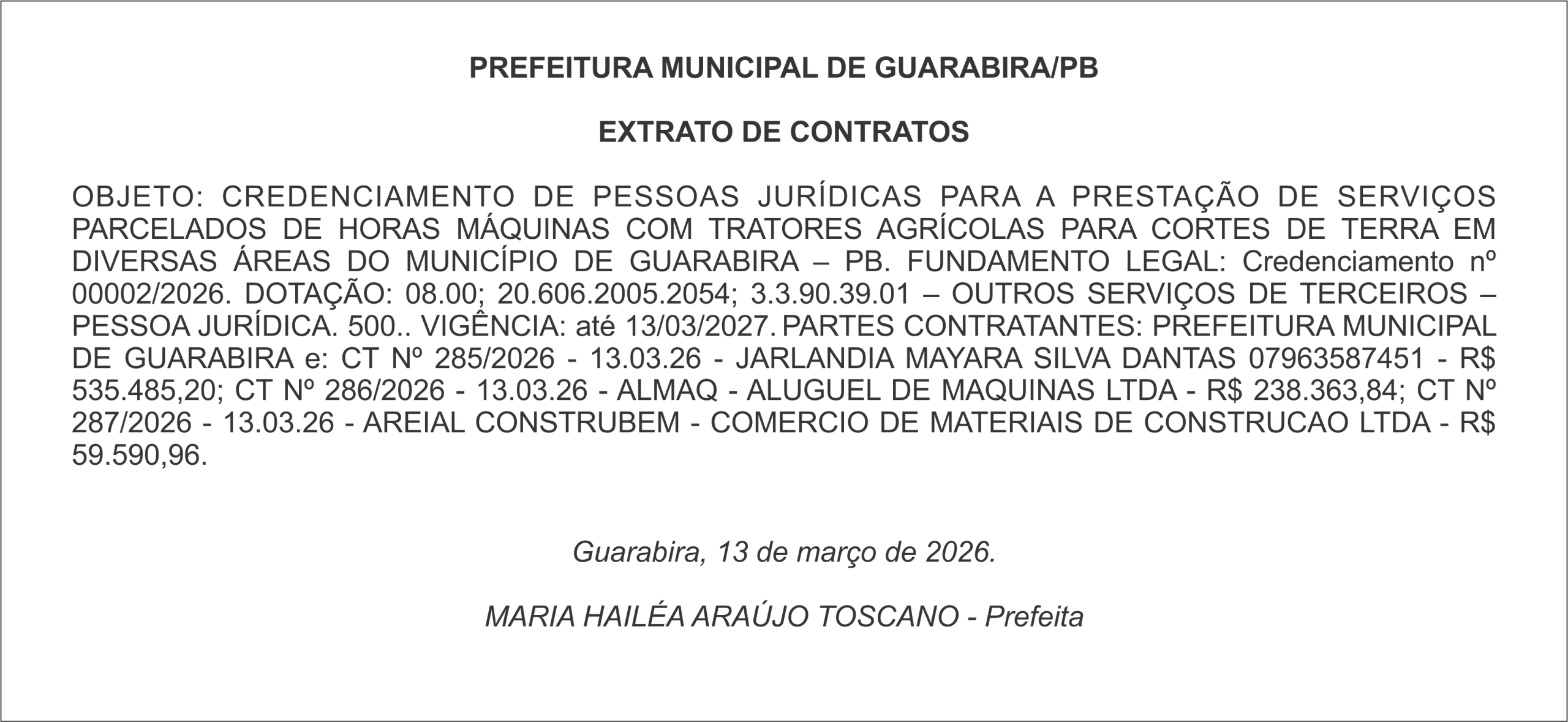 PREFEITURA MUNICIPAL DE GUARABIRA/PB – EXTRATO DE CONTRATO