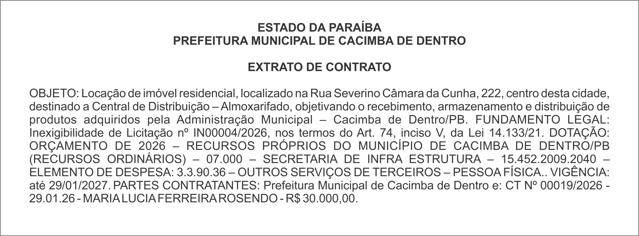 PREFEITURA MUNICIPAL DE CACIMBA DE DENTRO – EXTRATO DE CONTRATO