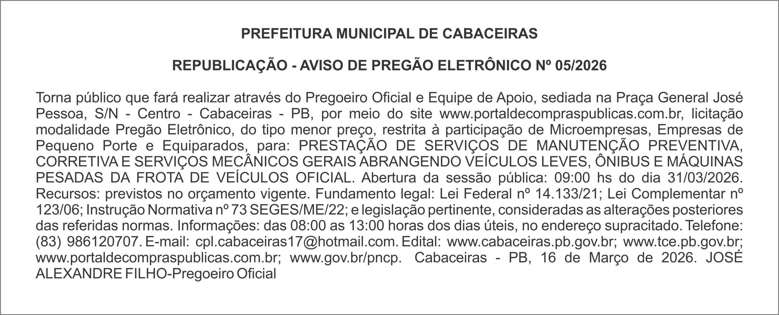 PREFEITURA MUNICIPAL DE CABACEIRAS – REPUBLICAÇÃO – AVISO DE PREGÃO ELETRÔNICO Nº 05/2026