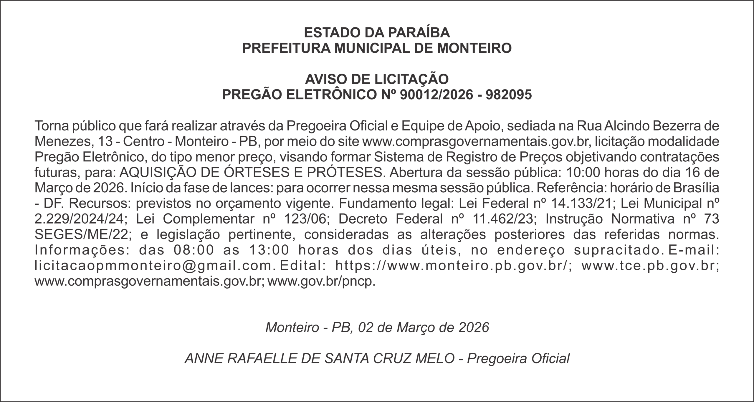 PREFEITURA MUNICIPAL DE MONTEIRO –  AVISO DE LICITAÇÃO PREGÃO ELETRÔNICO Nº 90012/2026 – 982095
