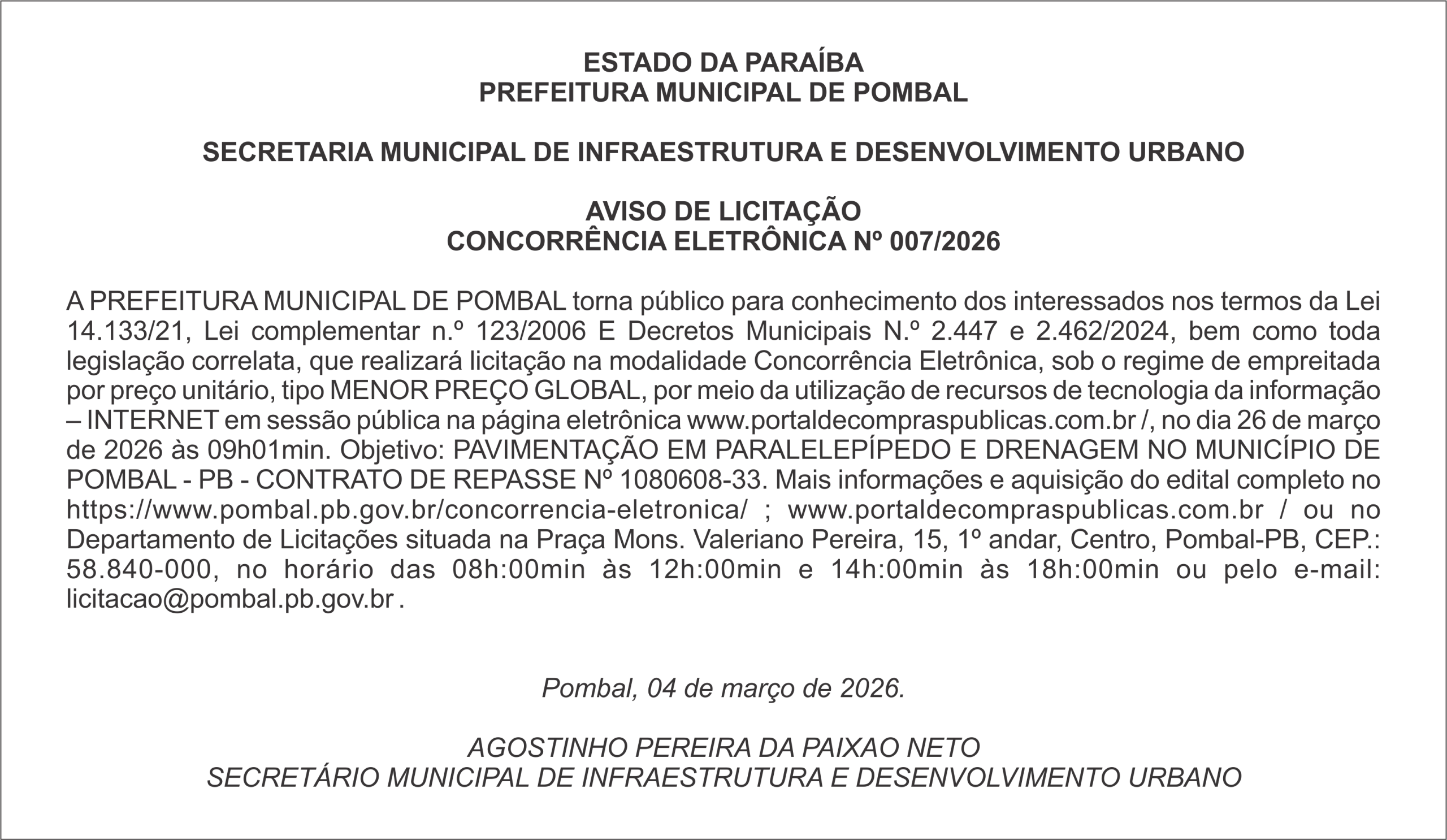 PREFEITURA MUNICIPAL DE POMBAL – AVISO DE LICITAÇÃO CONCORRÊNCIA ELETRÔNICA Nº 007/2026