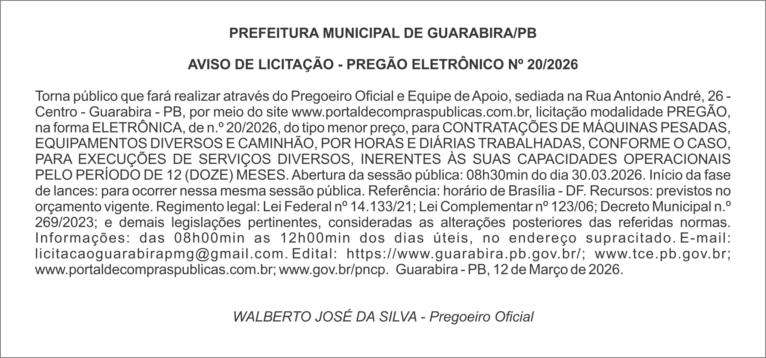 PREFEITURA MUNICIPAL DE GUARABIRA/PB AVISO DE LICITAÇÃO – PREGÃO ELETRÔNICO Nº 20/2026