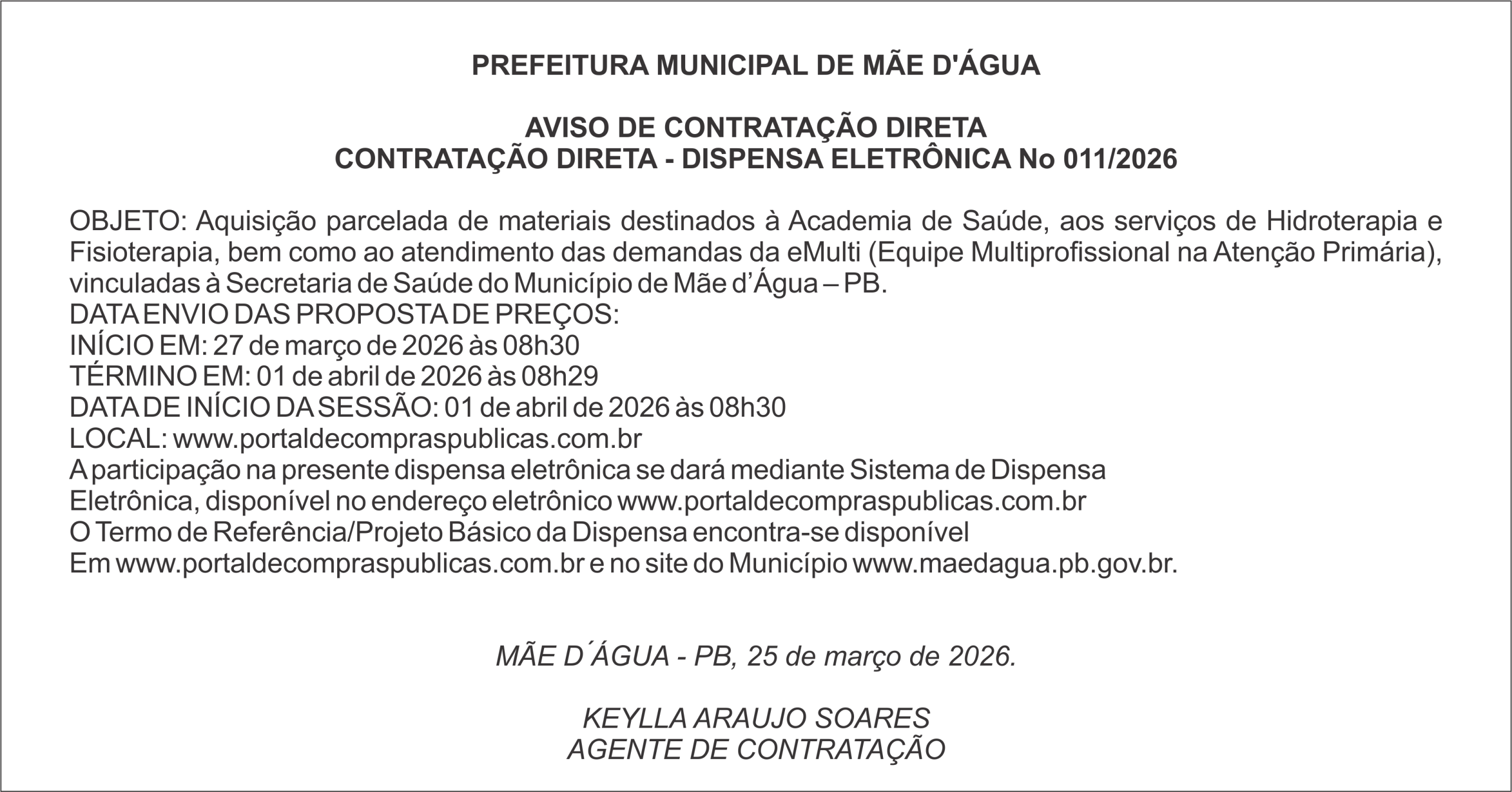 PREFEITURA DE MÃE D’ÁGUA – AVISO DE CONTRATAÇÃO DIRETA