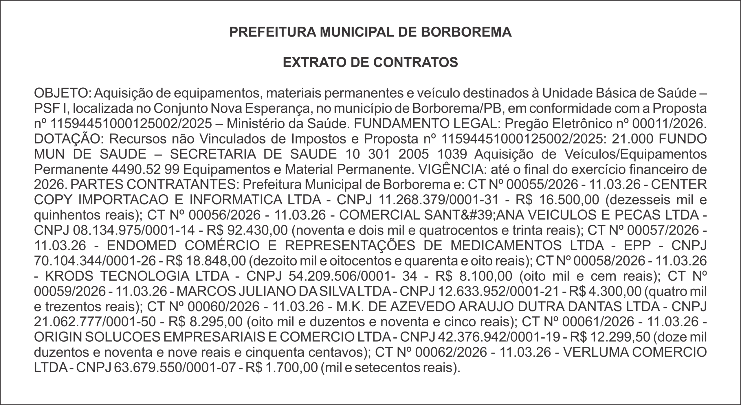 PREFEITURA MUNICIPAL DE BORBOREMA EXTRATO DE CONTRATOS